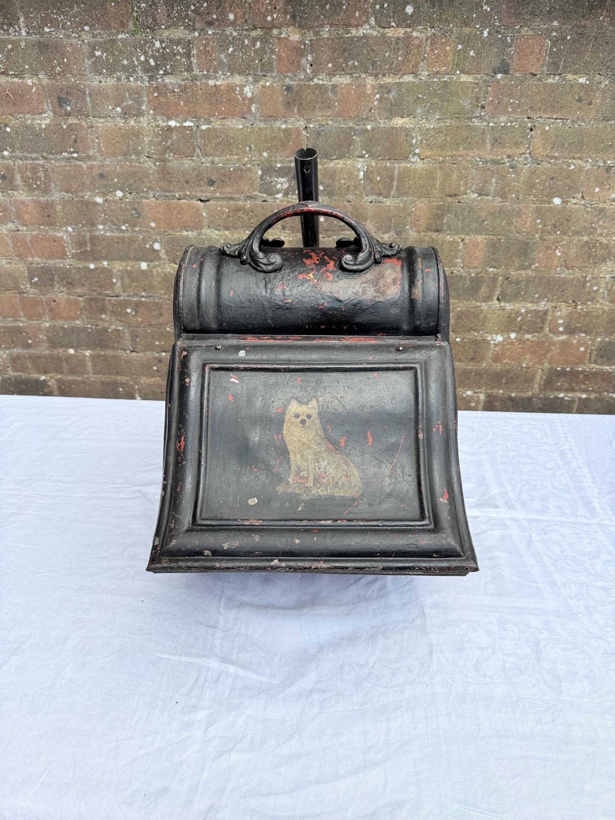 Antique Black Painted Victorian Coal Scuttle With Dog Motif And Shovel — Possibly Central European Metal Fireplace Coal Bucket And Shovel photo for sale
