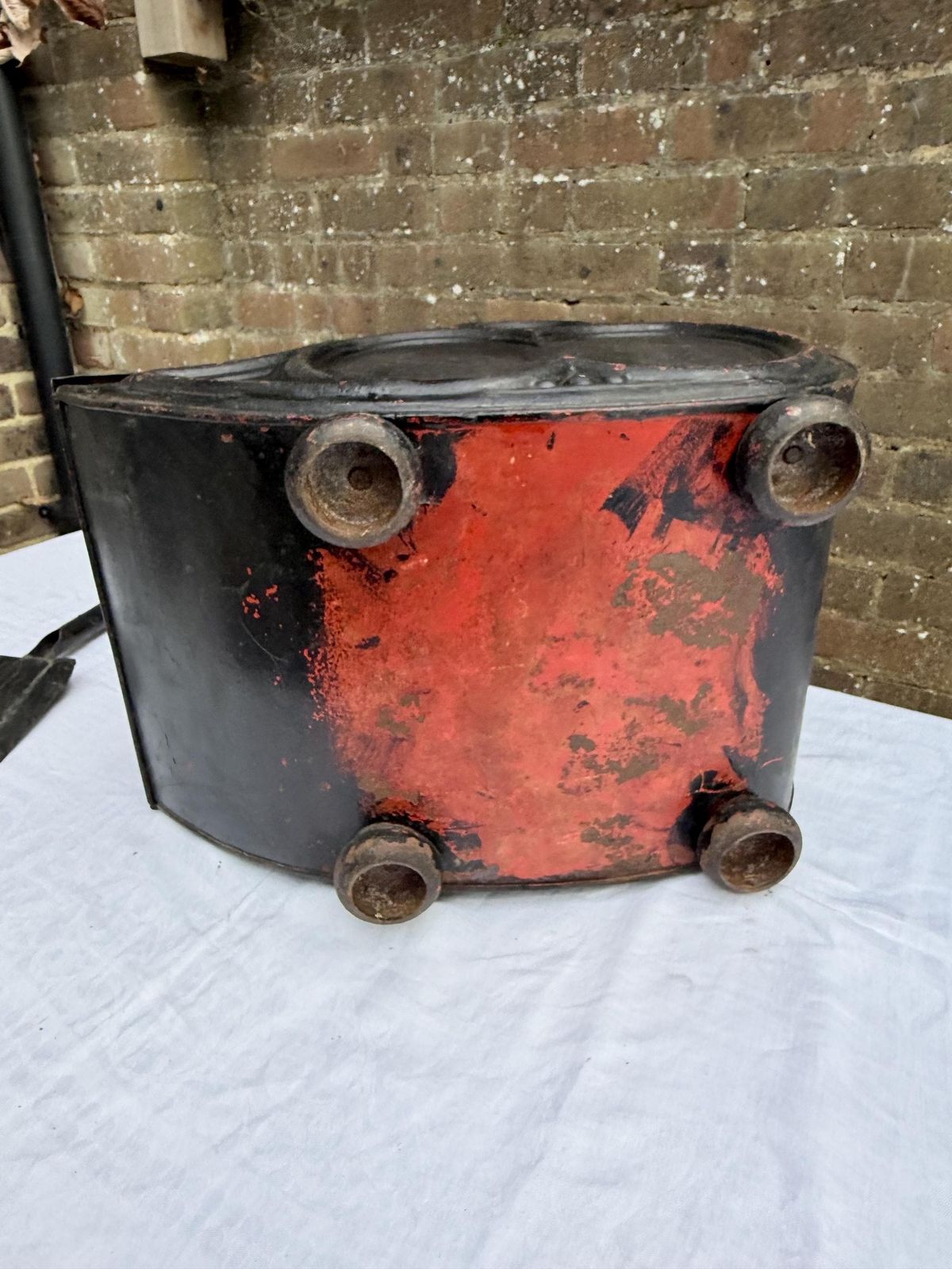Antique Black Painted Victorian Coal Scuttle With Dog Motif And Shovel — Possibly Central European Metal Fireplace Coal Bucket And Shovel photo vinterior