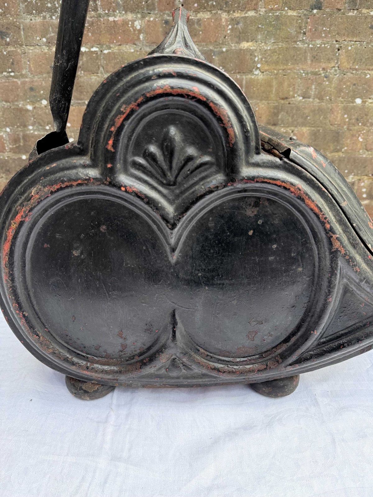 270.0 Antique Black Painted Victorian Coal Scuttle With Dog Motif And Shovel — Possibly Central European Metal Fireplace Coal Bucket And Shovel photo