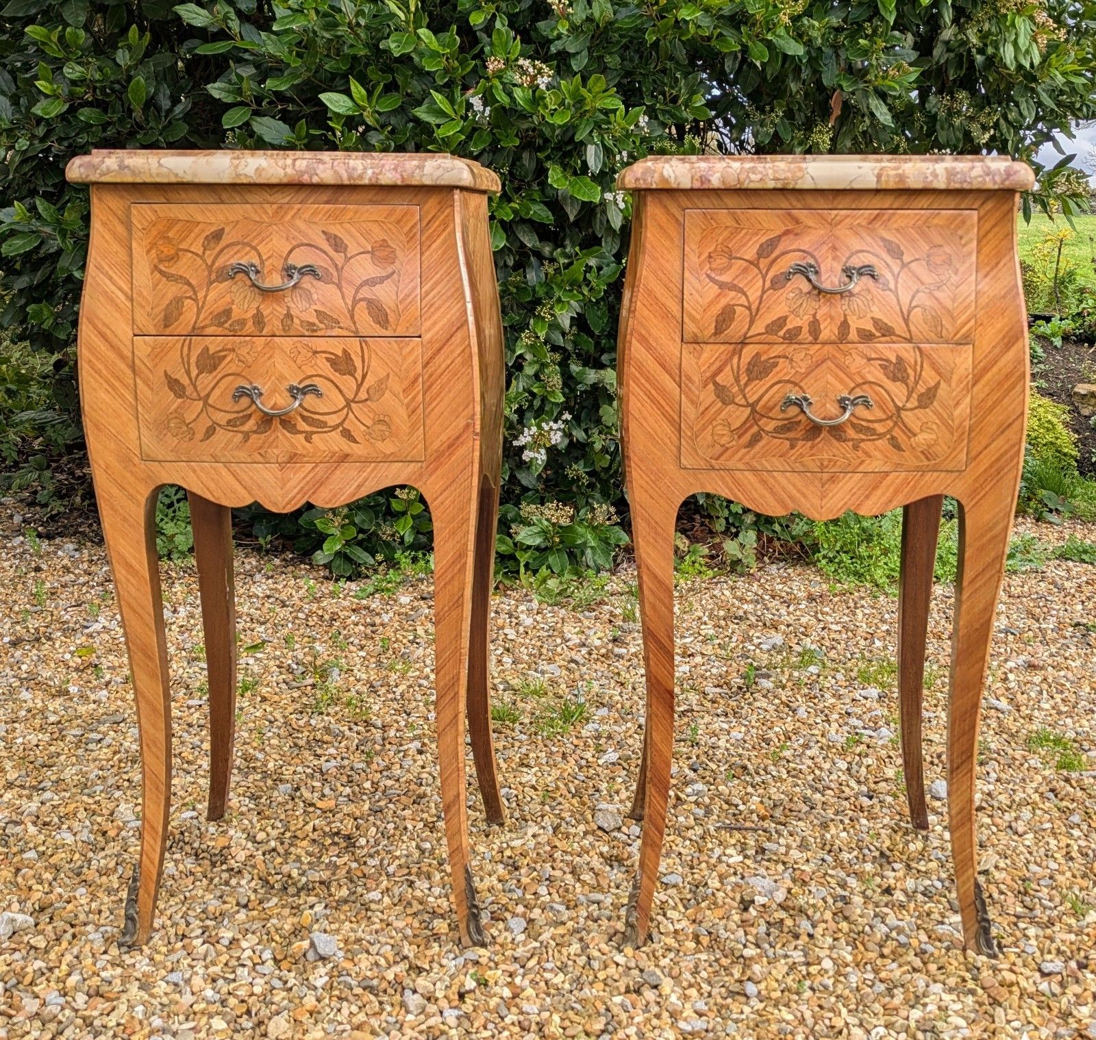 Good Pair Antique French Inlaid Bedside Cabinets Marble Tops