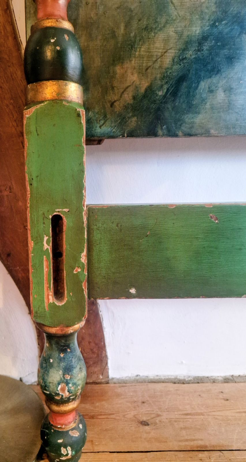 Antique 19 Century Headboard. French Made. Putty Faces. Green Flowers God Painted. photo vinterior