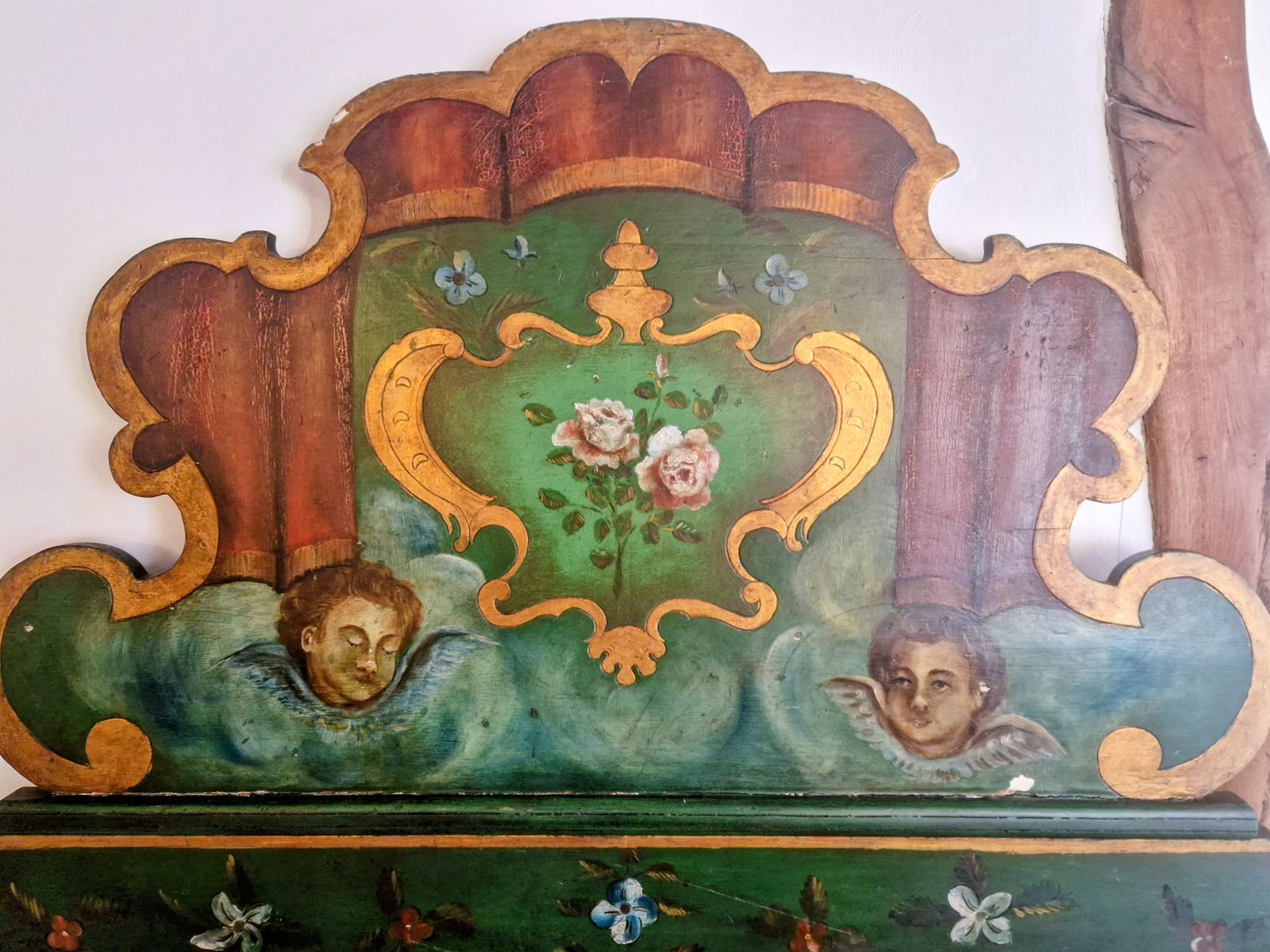 Antique 19 Century Headboard. French Made. Putty Faces. Green Flowers God Painted. photo vintage