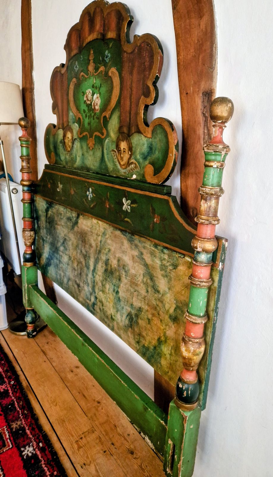 500.0 Antique 19 Century Headboard. French Made. Putty Faces. Green Flowers God Painted. photo