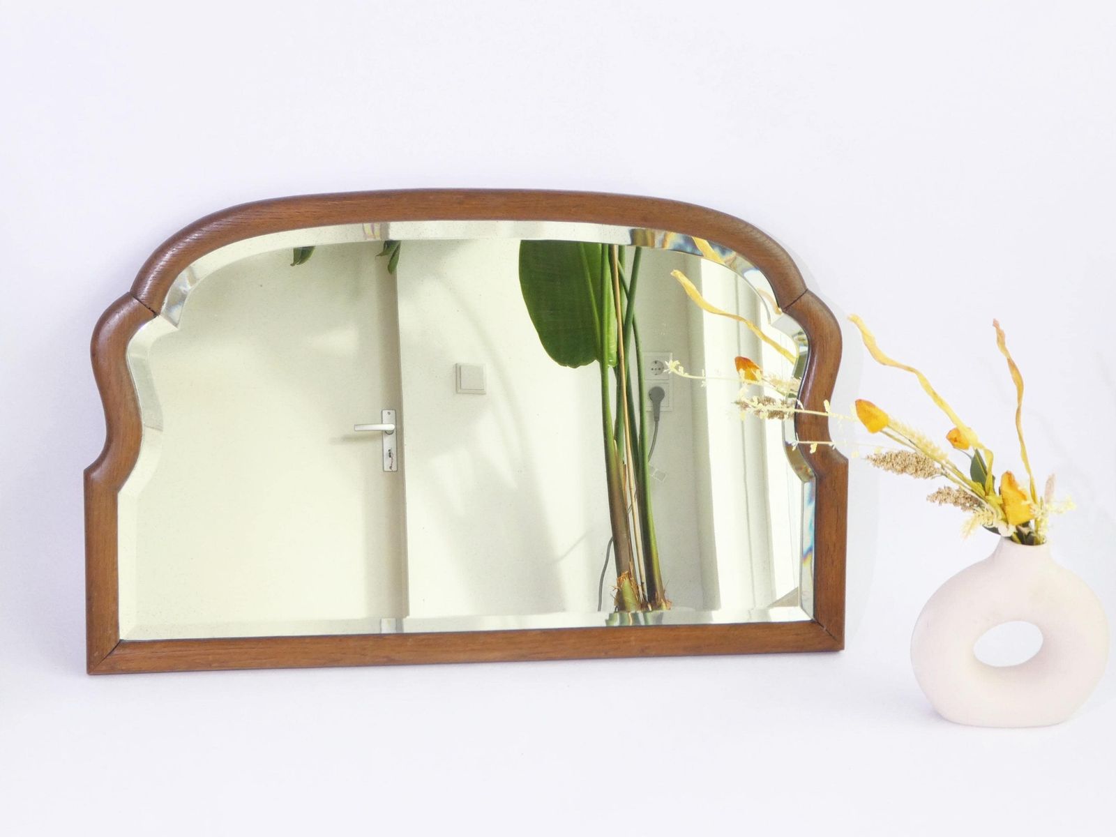 Antique Solid Wooden Scalloped Mirror With Beveled Glass, Half Moon Dutch Wall Mirror, Farmhouse Decor