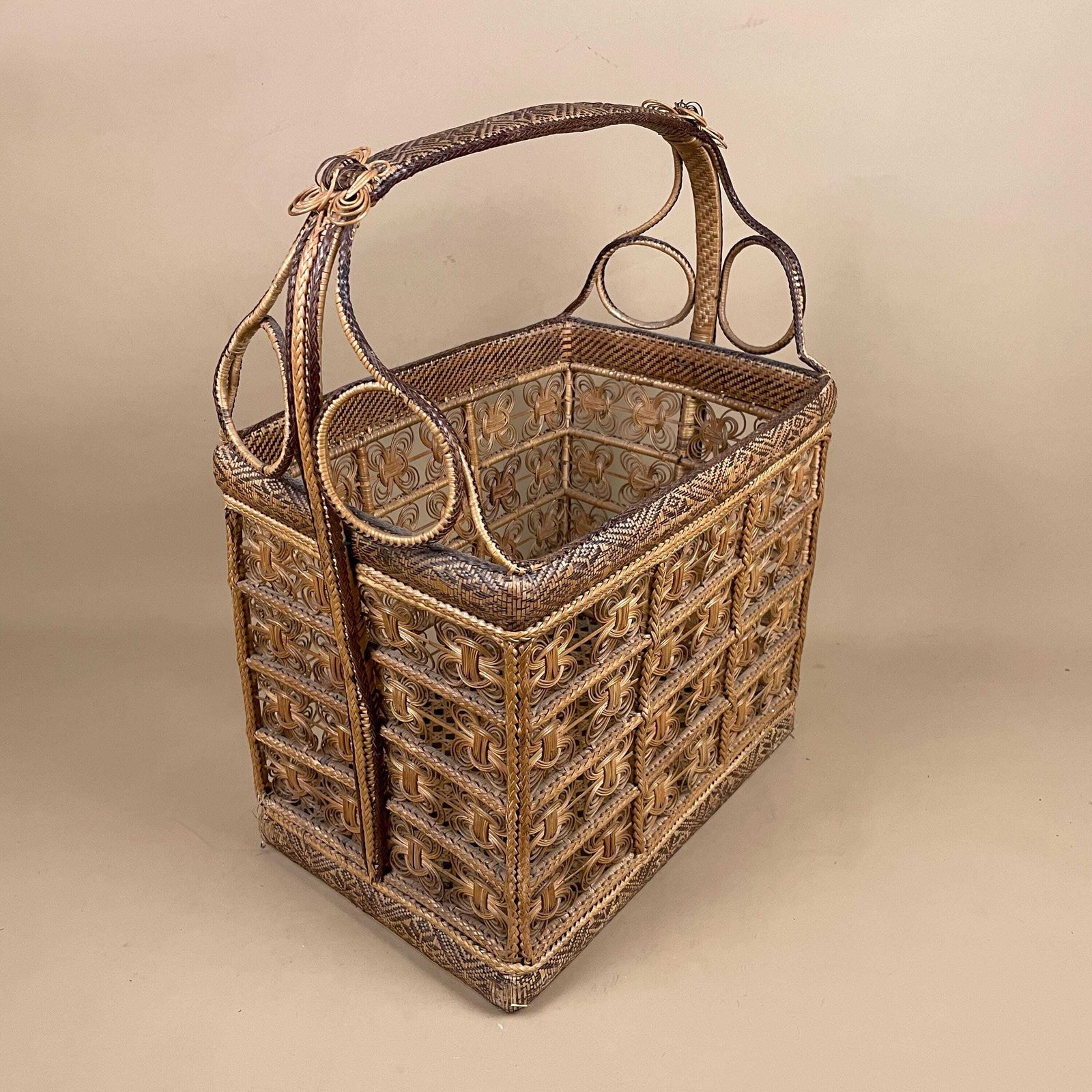 Handmade Finely Woven Rectangle Basket Wicker Vintage Storage Wood Handle Wooden Cottage Farmhouse Medium Brown Intricate Patterned Pattern