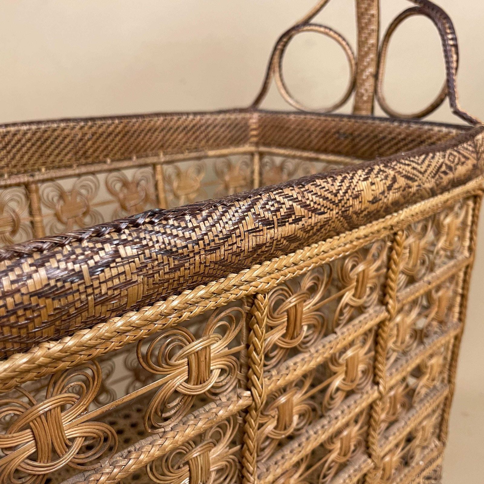 Handmade Finely Woven Rectangle Basket Wicker Vintage Storage Wood Handle Wooden Cottage Farmhouse Medium Brown Intricate Patterned Pattern photo vinterior