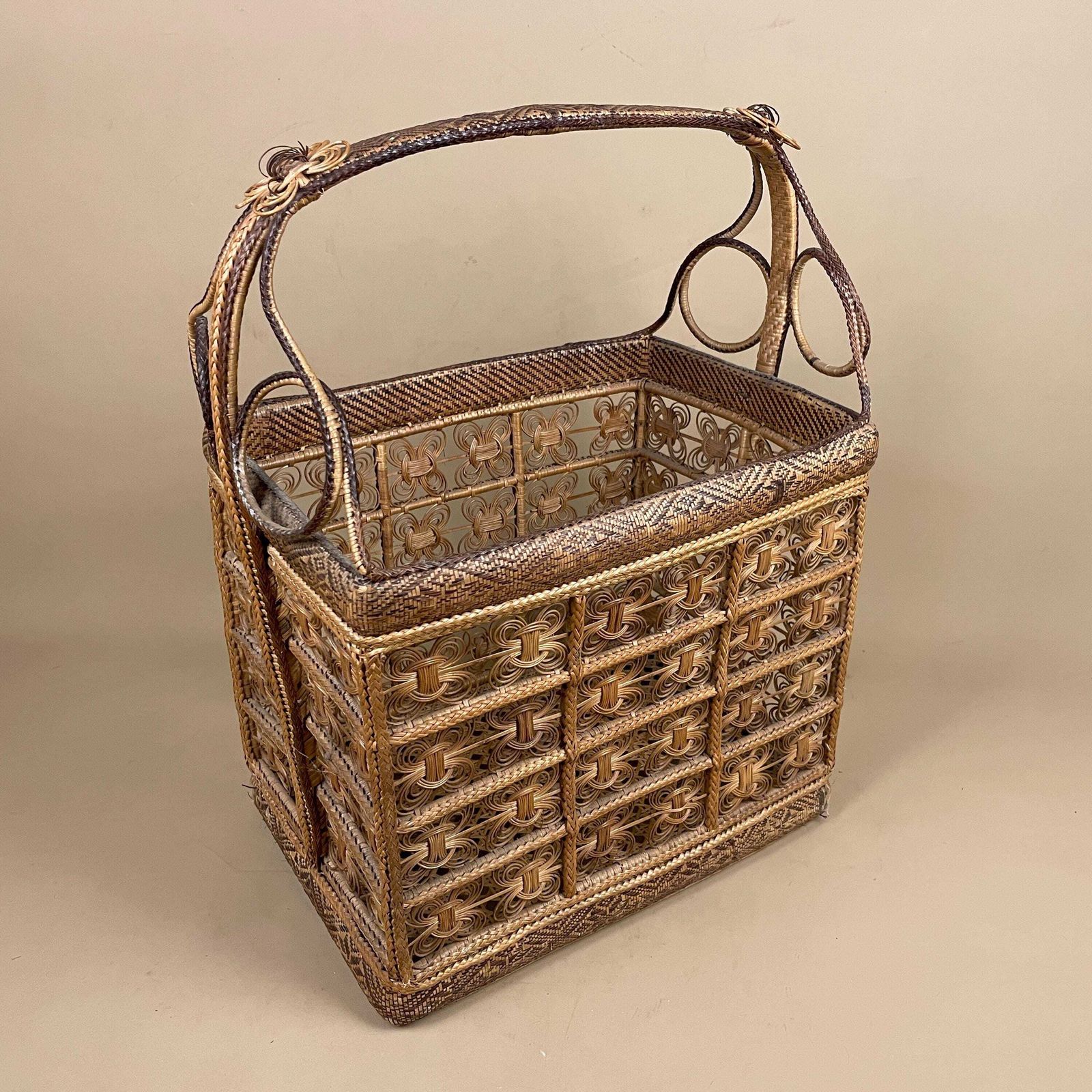 photo for sale Handmade Finely Woven Rectangle Basket Wicker Vintage Storage Wood Handle Wooden Cottage Farmhouse Medium Brown Intricate Patterned Pattern