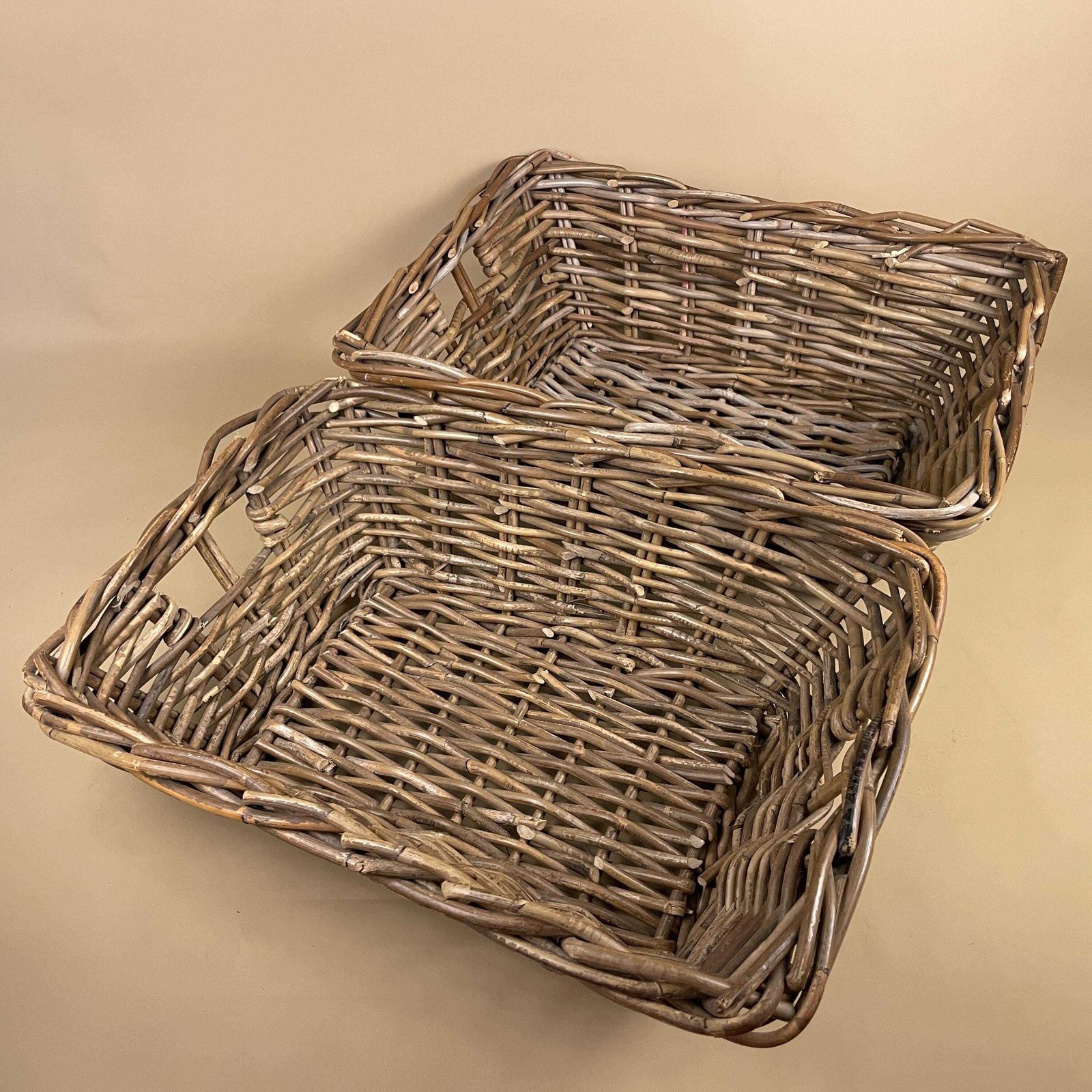 Set Of 2 Rectangle Basket Woven Wicker Vintage Log Storage Handles Wooden Cottage Farmhouse Medium Logs Fireside Brown Sturdy Under Bed photo furniture