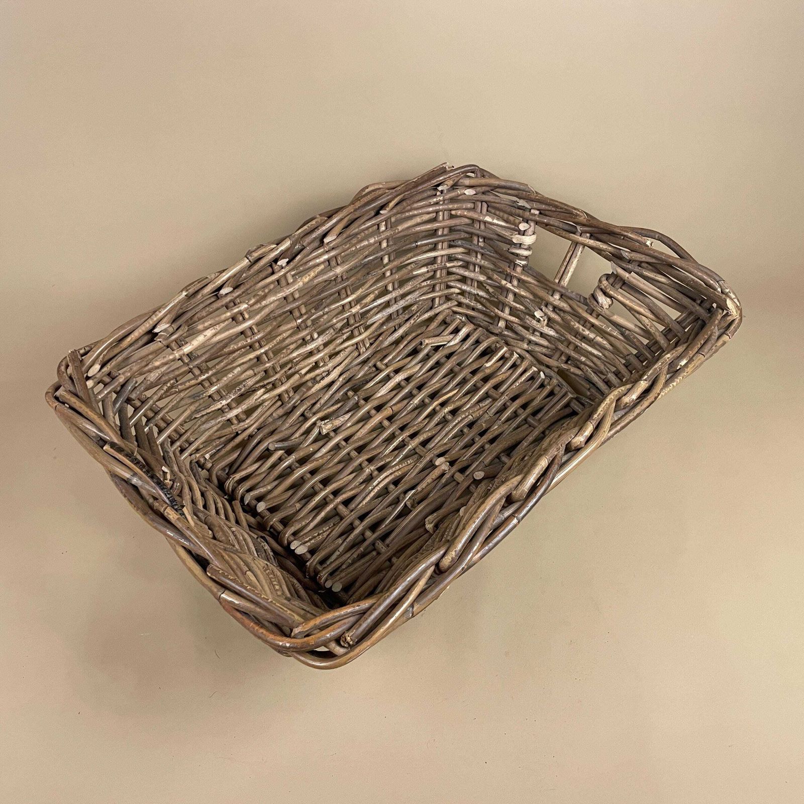 photo furniture Set Of 2 Rectangle Basket Woven Wicker Vintage Log Storage Handles Wooden Cottage Farmhouse Medium Logs Fireside Brown Sturdy Under Bed