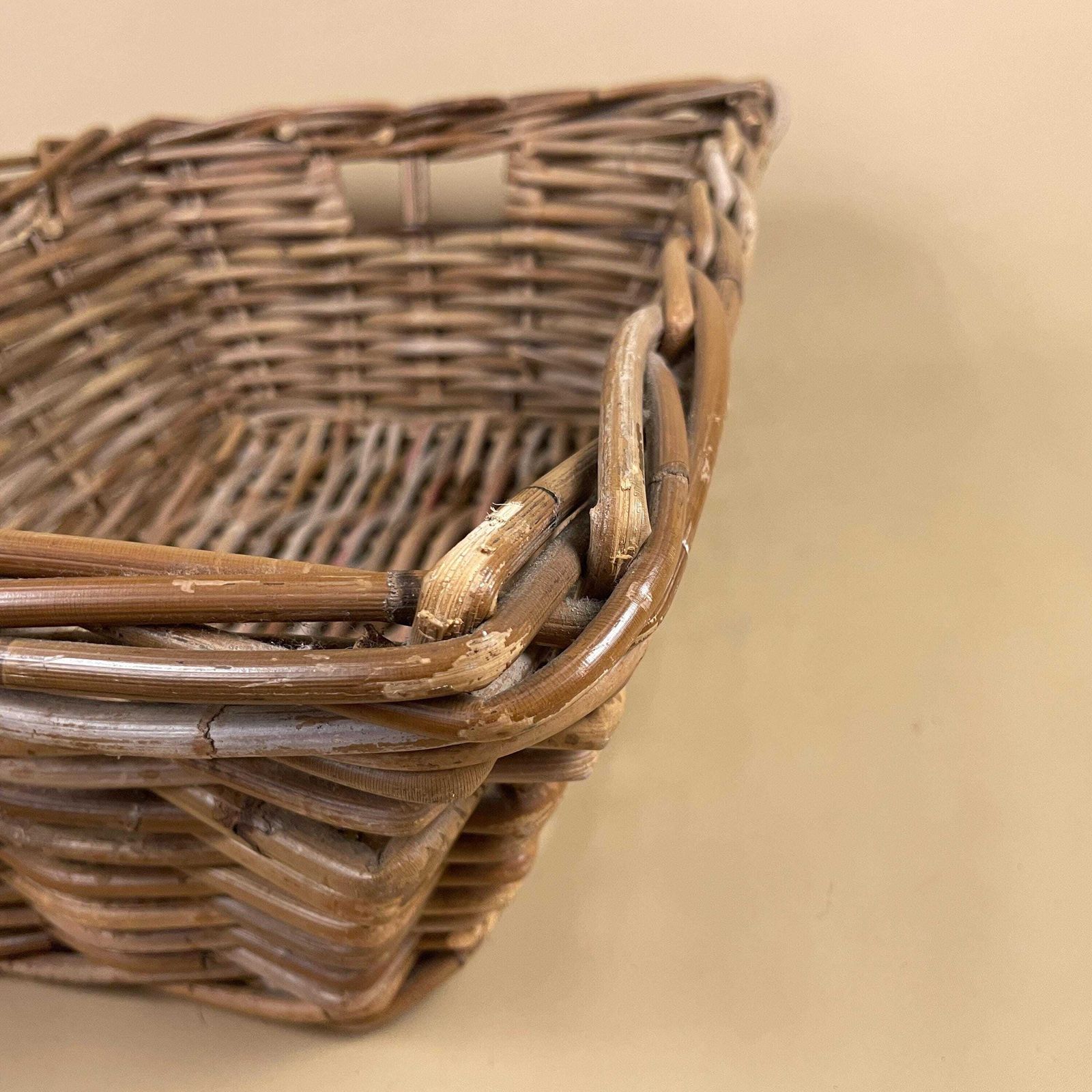 photo for sale Set Of 2 Rectangle Basket Woven Wicker Vintage Log Storage Handles Wooden Cottage Farmhouse Medium Logs Fireside Brown Sturdy Under Bed