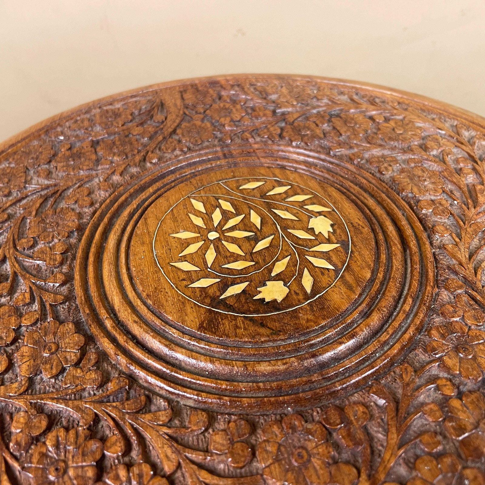 Indian Wooden Table Decorative Intricate Patterned Inlay Top Hand Crafted Round Vintage Antique Asian Plant Stand Floral Pattern Small Wood photo Furniture
