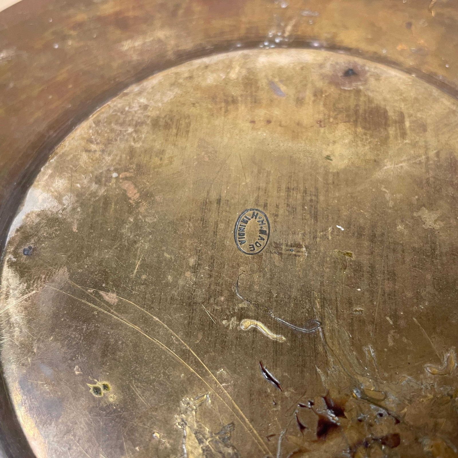 photo for sale Antique Metal Gold Indian Patterned Brass Tray 24.5cm Plate Asian Handmade Etched Intricate Vintage Decorative Patterned Wall Art Black