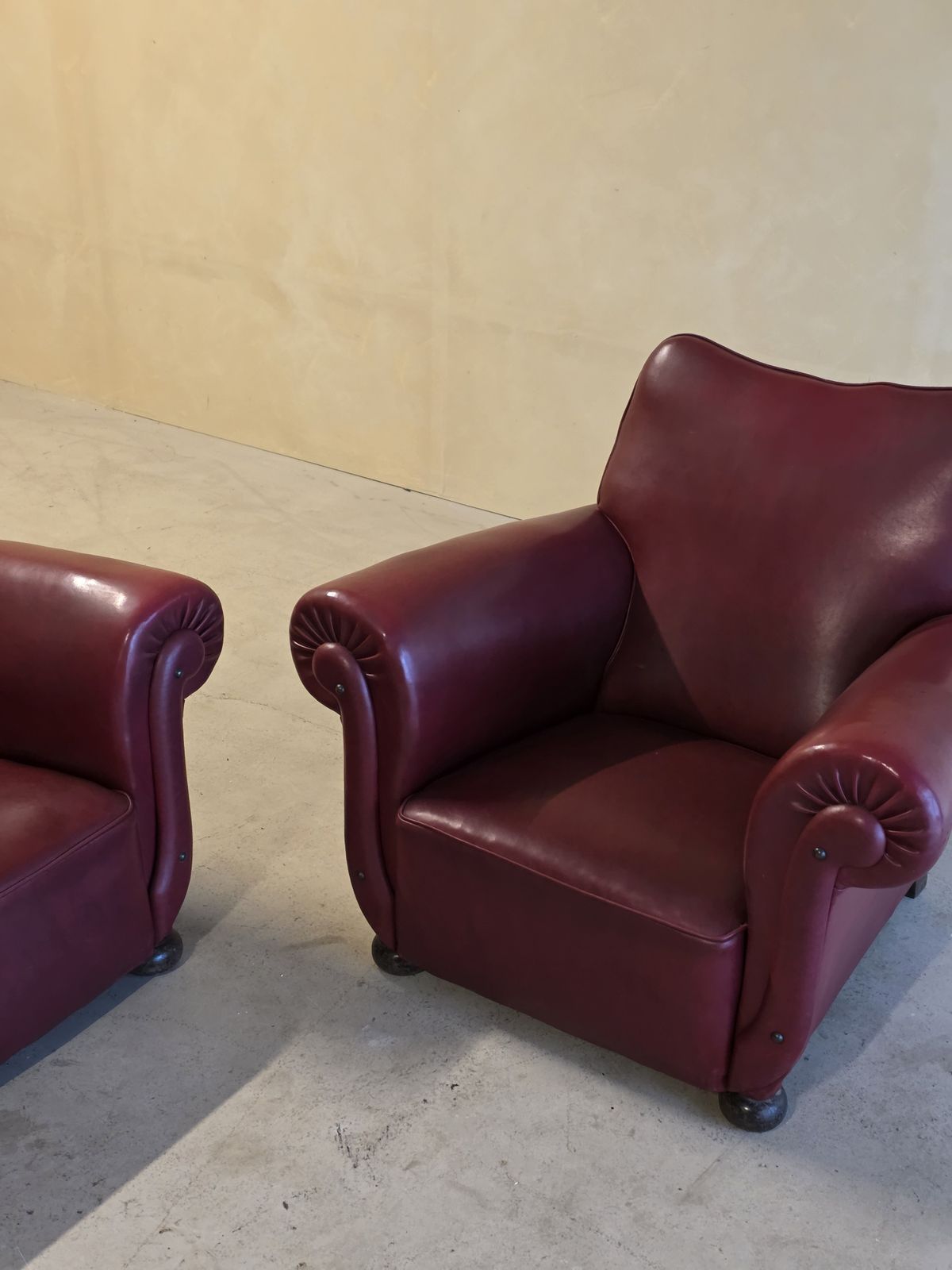 Art Deco Set Of 2 Bordeaux Skai Leather Clubchairs, 1950s photo for sale