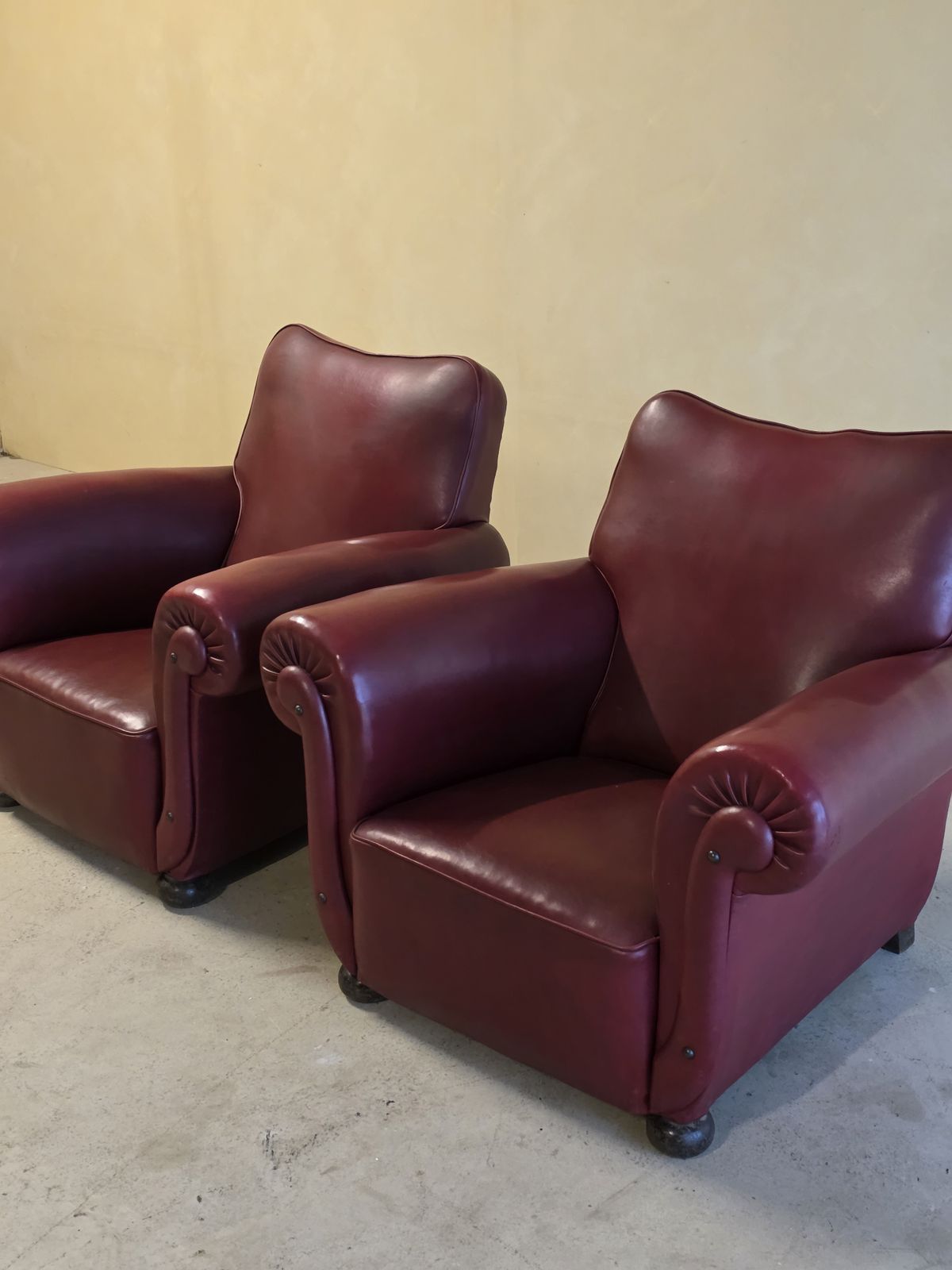 Art Deco Set Of 2 Bordeaux Skai Leather Clubchairs, 1950s photo buy