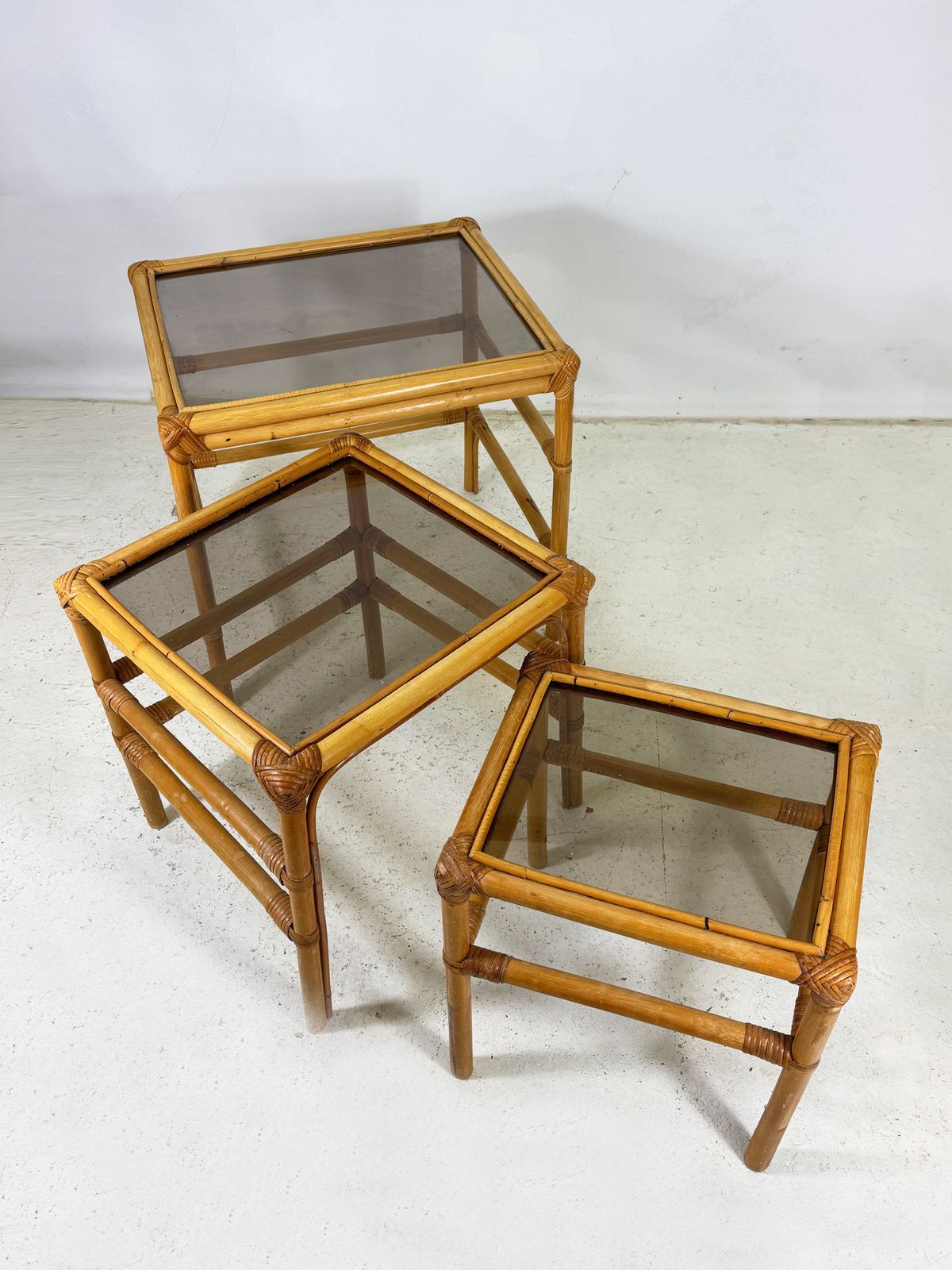 Vintage Bamboo Nest Of Tables With Glass Tops photo furniture