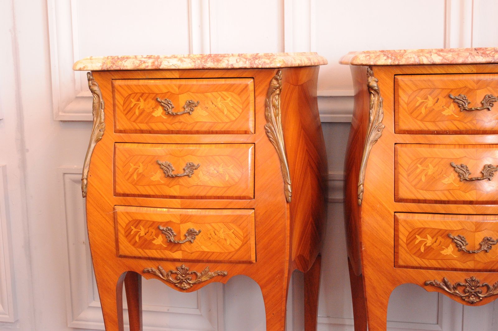 Vintage French Mid C Pair Of  Louis XV Style Three Drawer Marble Top Cabinets Bedsides Chests photo 895.0