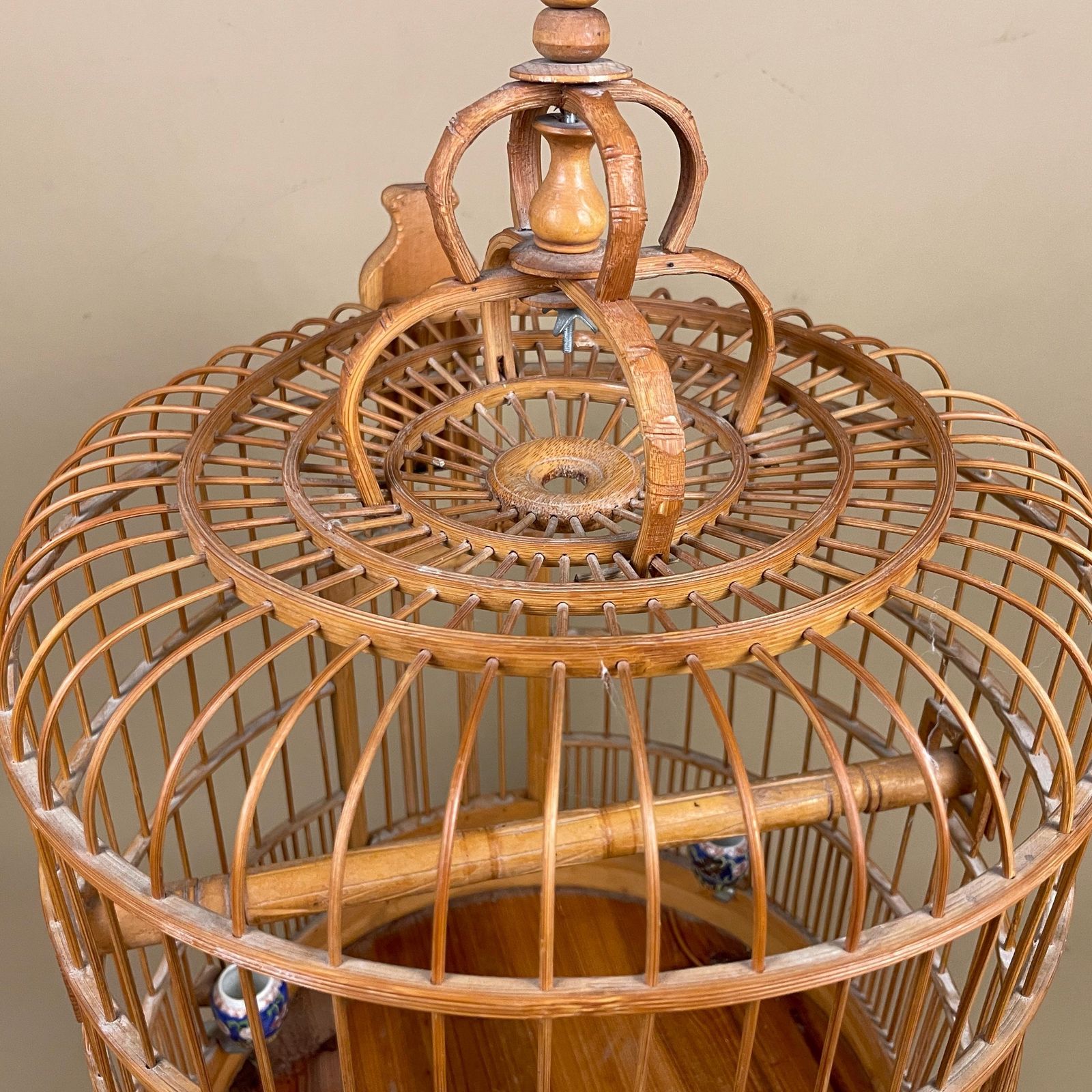 photo for sale Wooden Decorative Oriental Bird Cage Wood House Japan Birdcage Vintage Asian Ceramic Pots Handmade Plant Holder Shop Display Hanging Antique