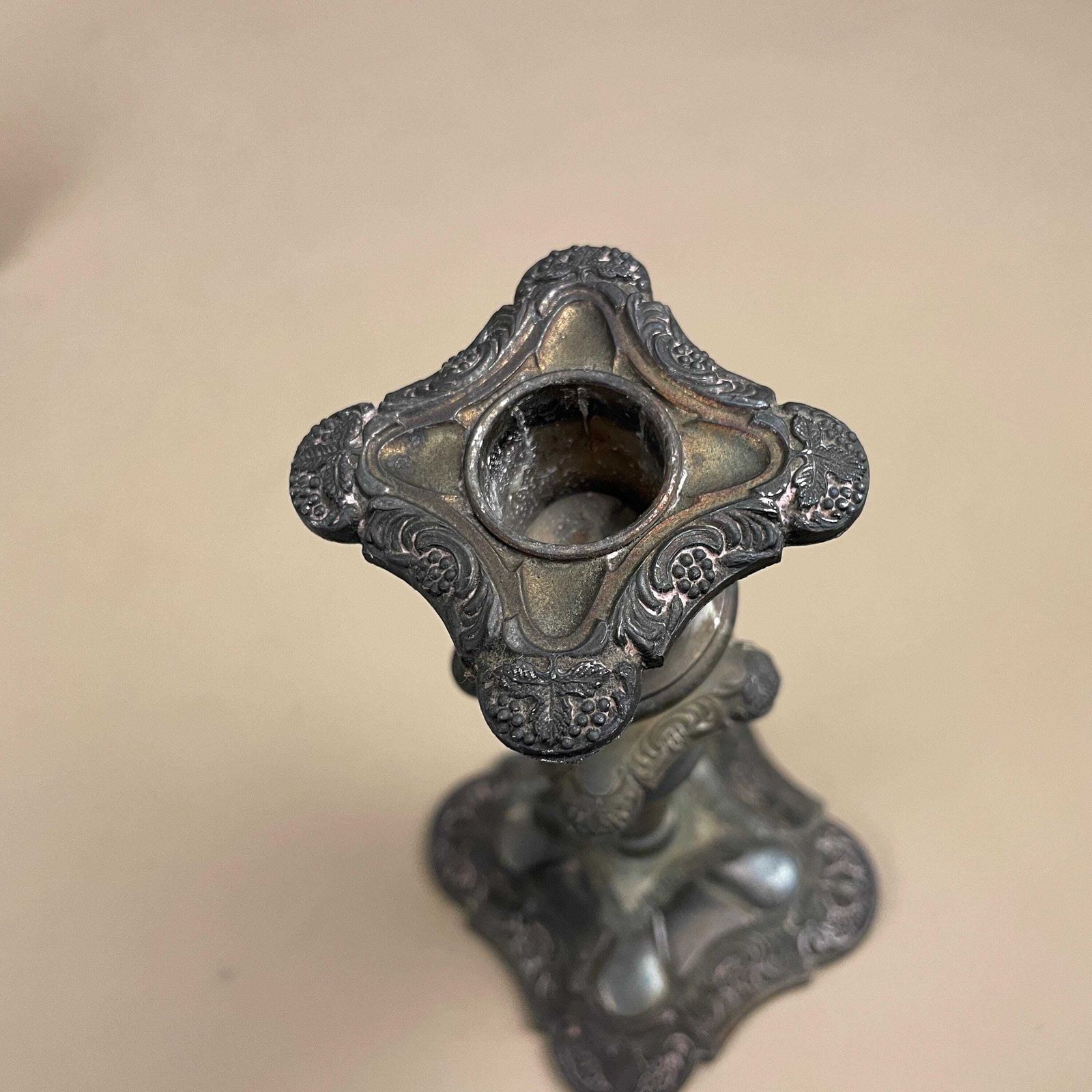Home Decor Antique Matching Pair Of Silver Metal Candlestick Candle Stick Ornate Vintage Taper Dinner Candlesticks Round Patterned Base Set Aged Patina photo