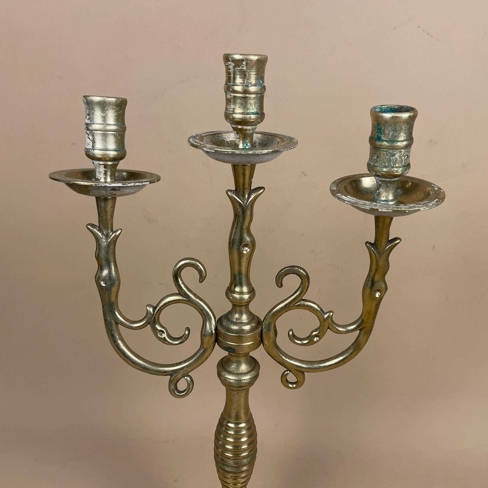 Antique Gold Candelabra  Brass Metal Candlestick Candle Stick Holder Heavy Vintage Column Taper Dinner Candlesticks Ornate Pattern 3 Arms photo Home Decor