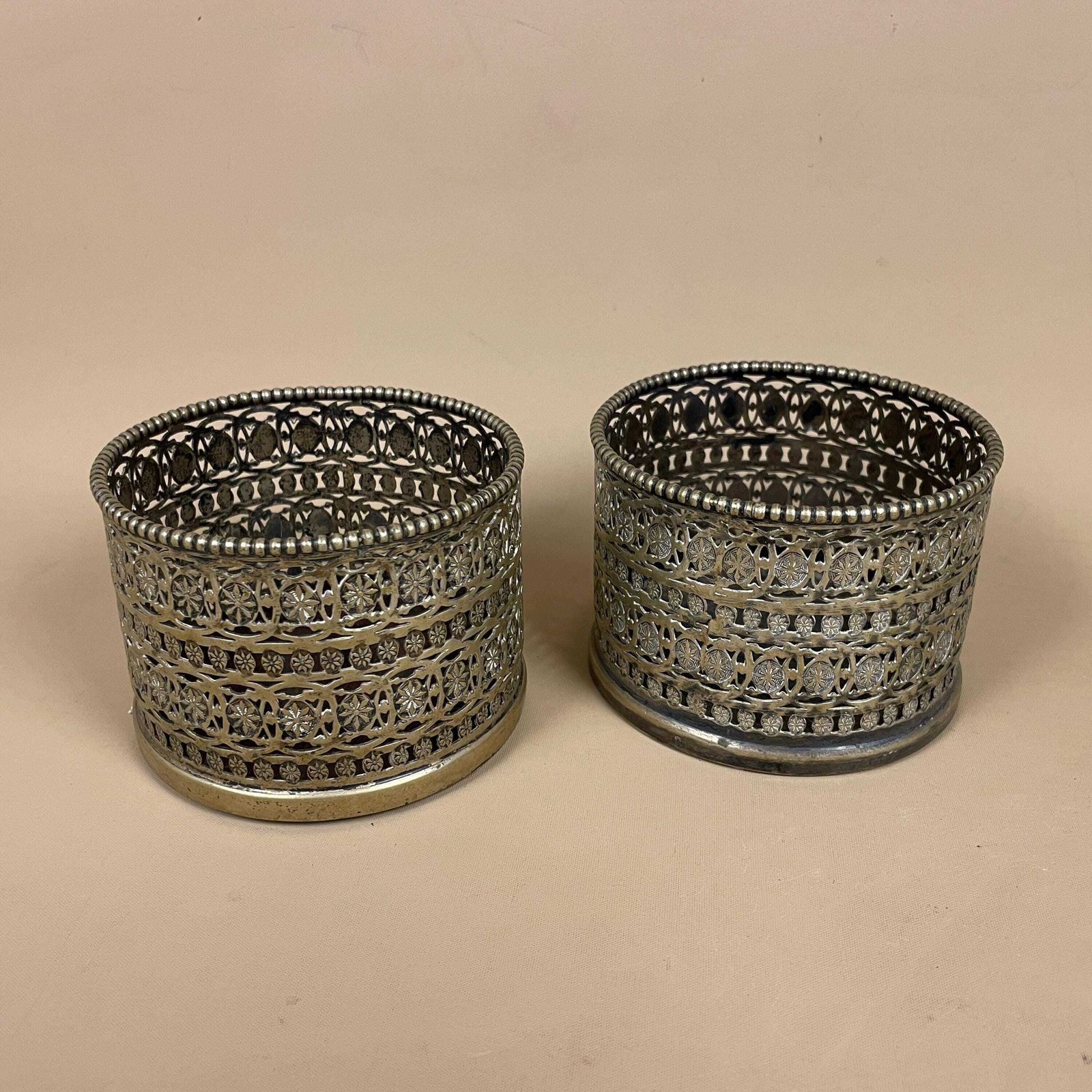 Antique Pair Of Matching Indian Cut Metal Brass Candlestick Candle Stick Holder Tea Lights Vintage Candlesticks Ornate Patterned Round Wood