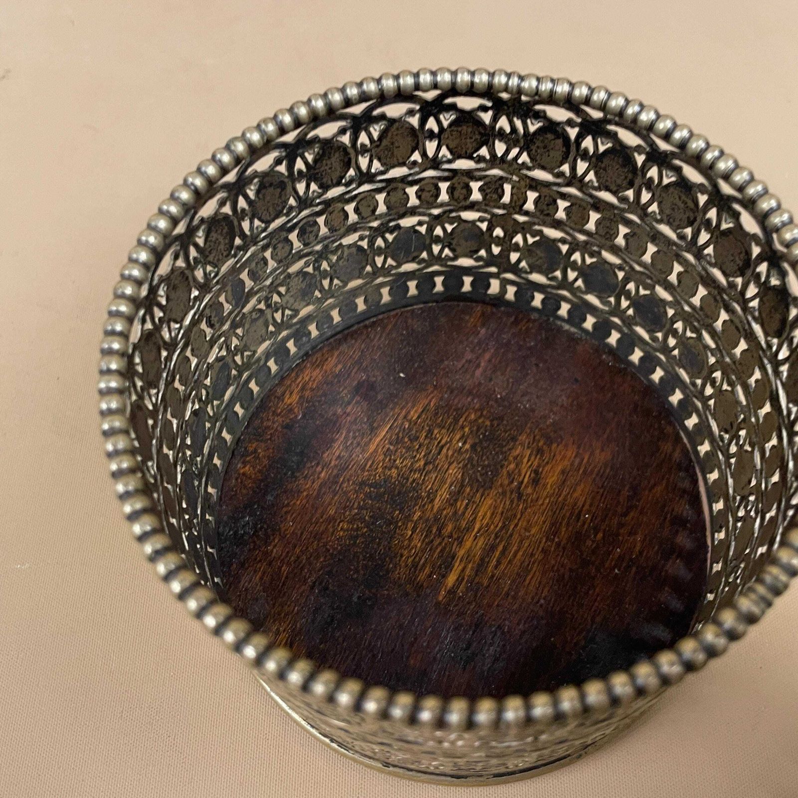 photo for sale Antique Pair Of Matching Indian Cut Metal Brass Candlestick Candle Stick Holder Tea Lights Vintage Candlesticks Ornate Patterned Round Wood