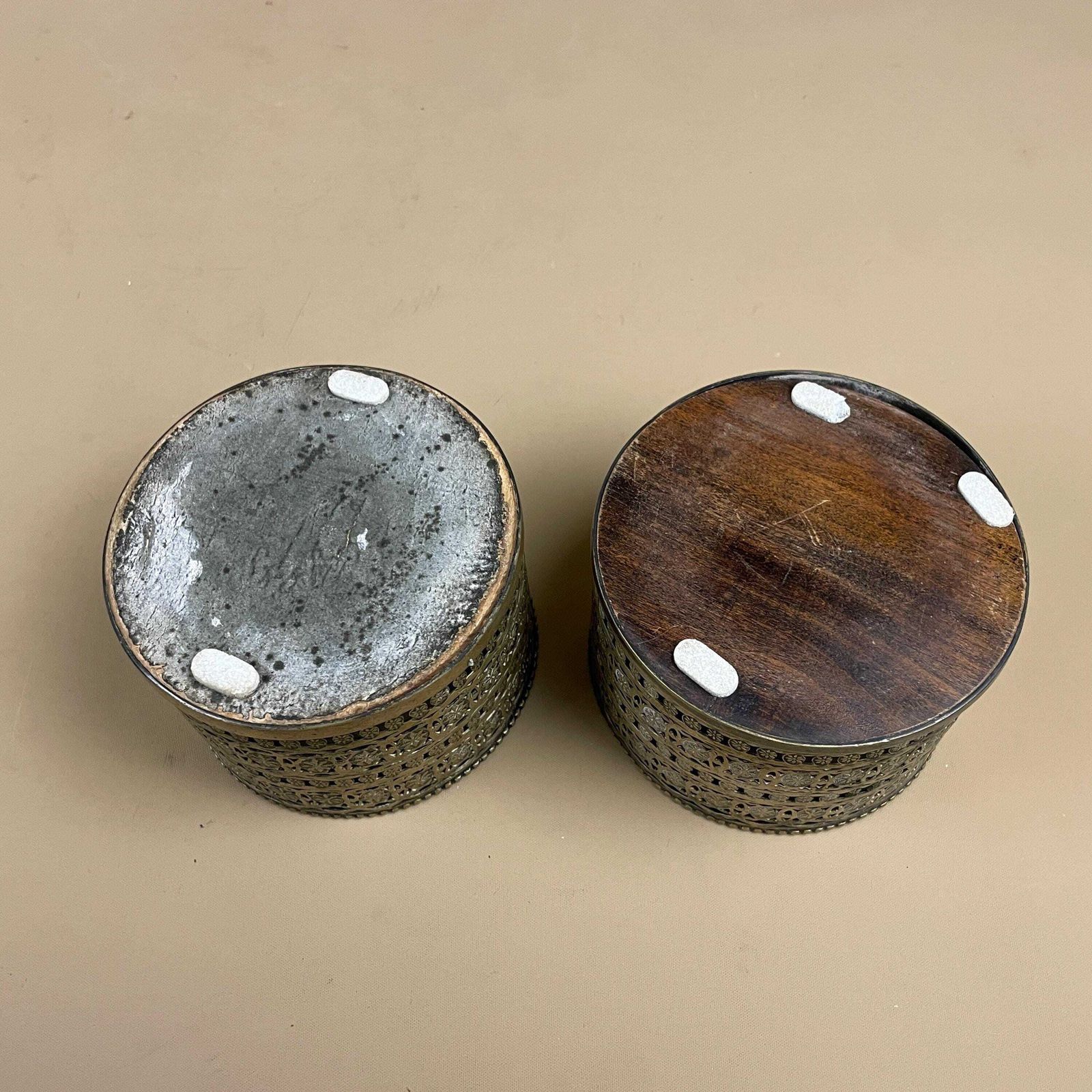 Home Decor Antique Pair Of Matching Indian Cut Metal Brass Candlestick Candle Stick Holder Tea Lights Vintage Candlesticks Ornate Patterned Round Wood photo