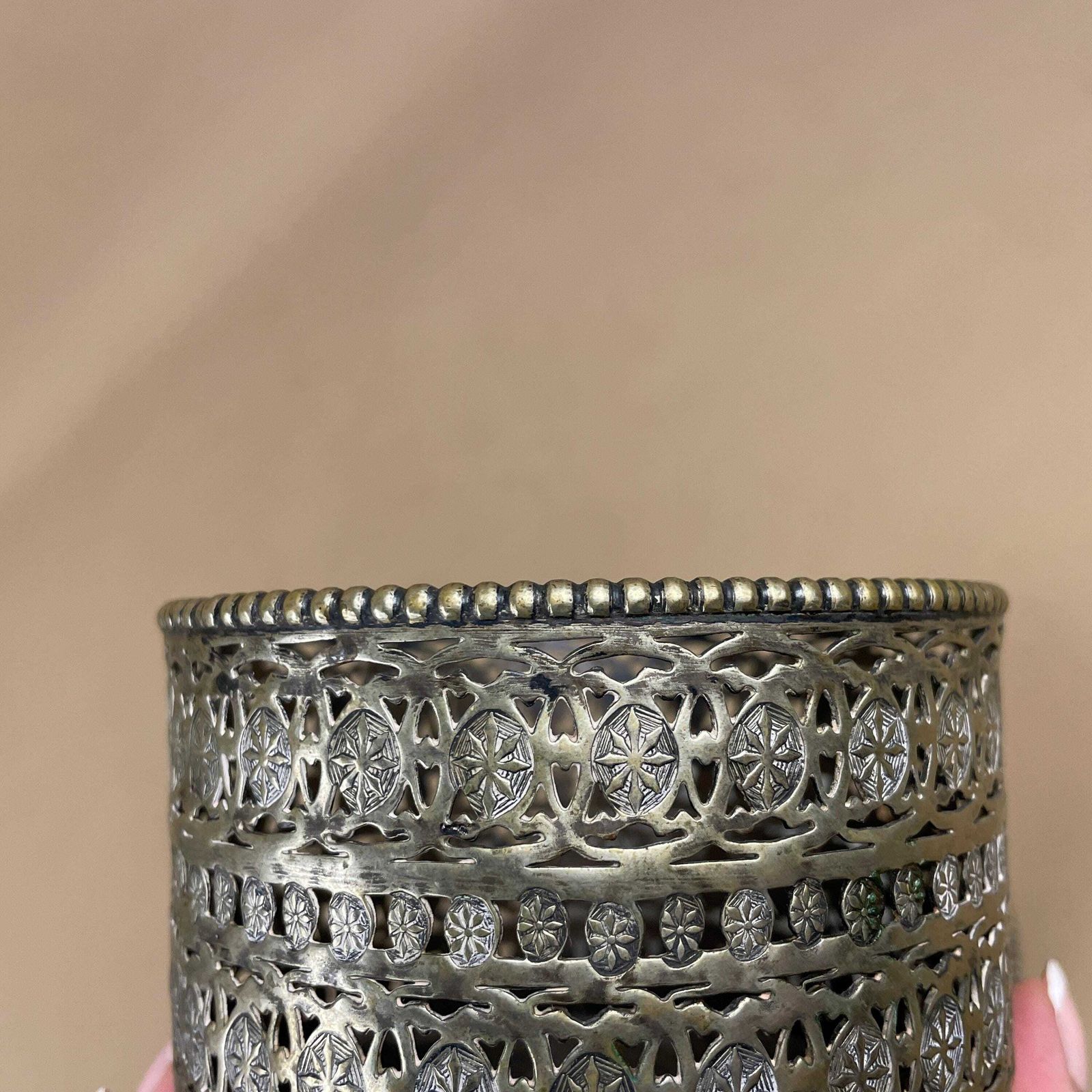 photo buy Antique Pair Of Matching Indian Cut Metal Brass Candlestick Candle Stick Holder Tea Lights Vintage Candlesticks Ornate Patterned Round Wood