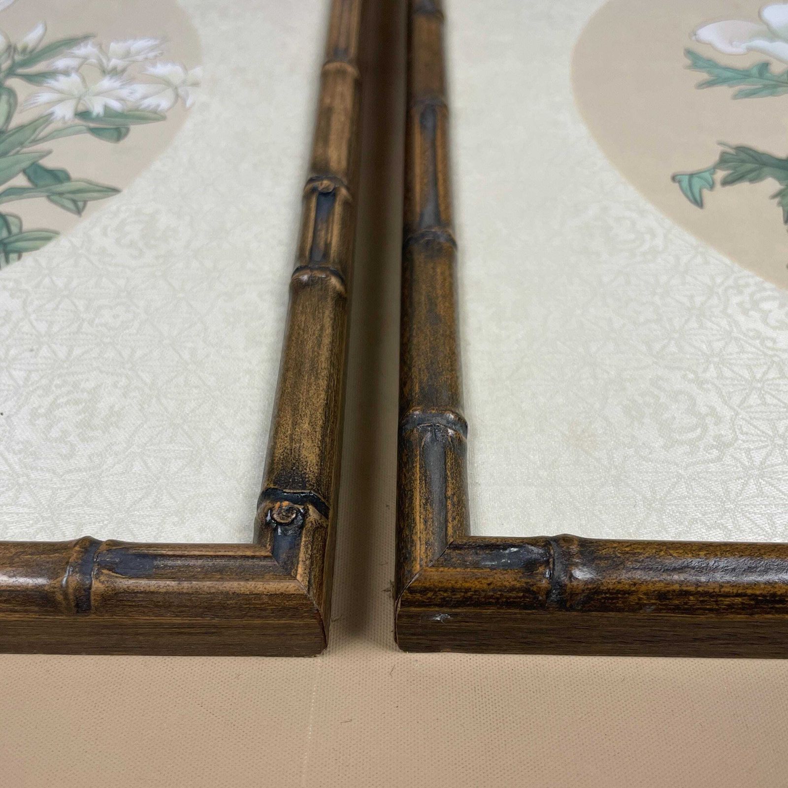 Two Oriental Hand Painted On Silk Paintings Flowers Butterflies Floral Bamboo Shaped Frame Set Of 2 Pair Wall Hangings Vintage Antique photo for sale