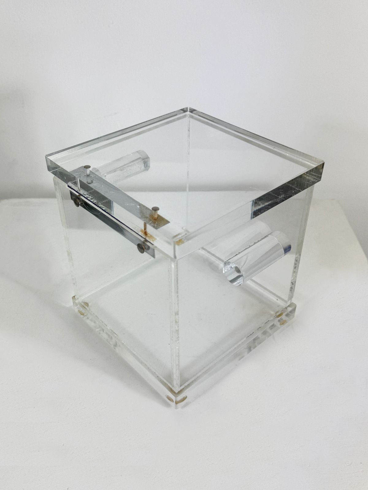 1970's Vintage Italian Lucite Cube Box Chrome Hinged Lid Alessandro Albrizzi photo furniture