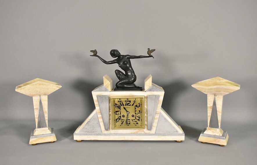 French Art Deco Clock & Garniture By H Molins Balleste & Tahou, Lourdes photo furniture
