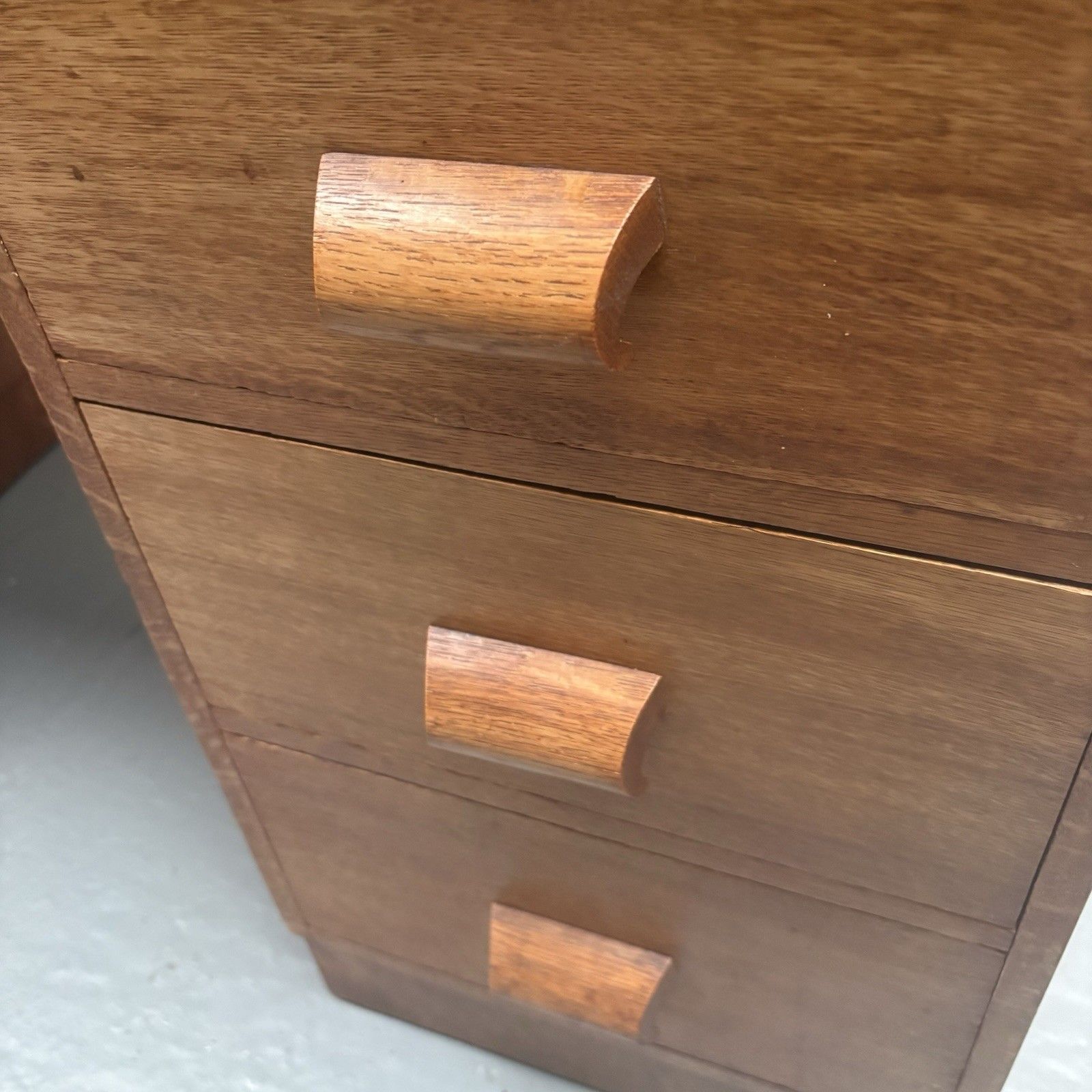 photo for sale Late 1930s English Oak Art Deco Modernist Twin Pedestal Writing Desk