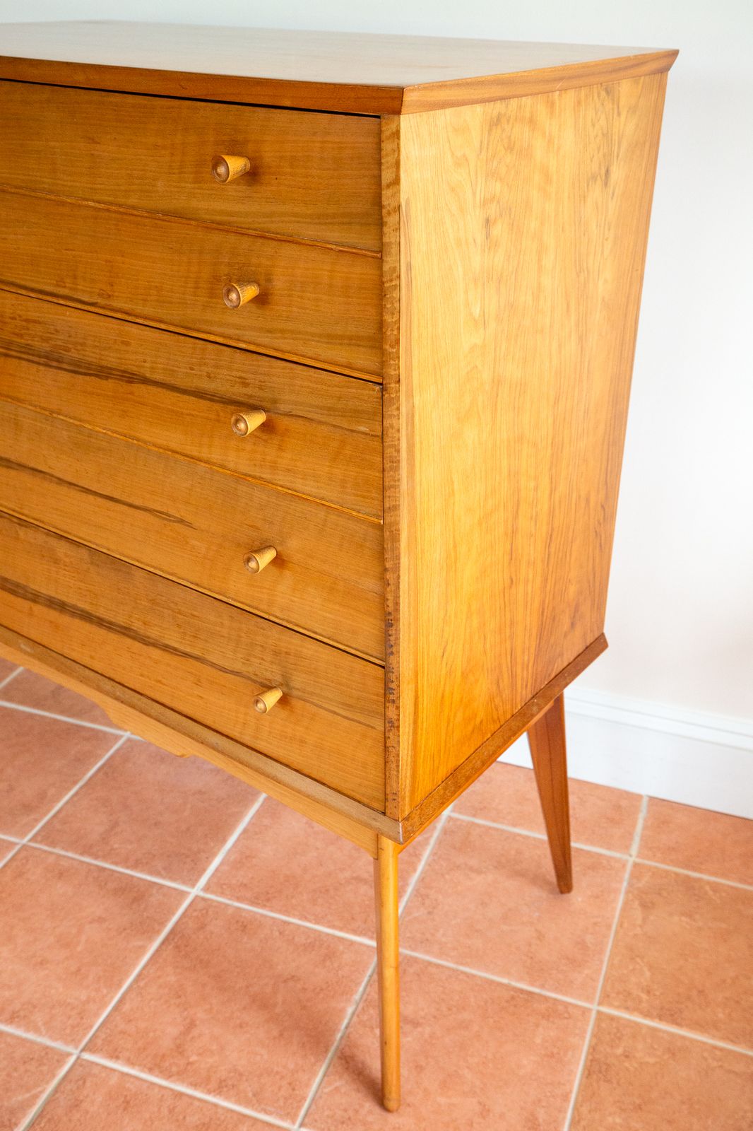 photo for sale Blonde Mid Century Chest Of Drawers Tallboy Highboy Walnut By Alfred Cox For Heals 1960s Mcm English Satin Stamped