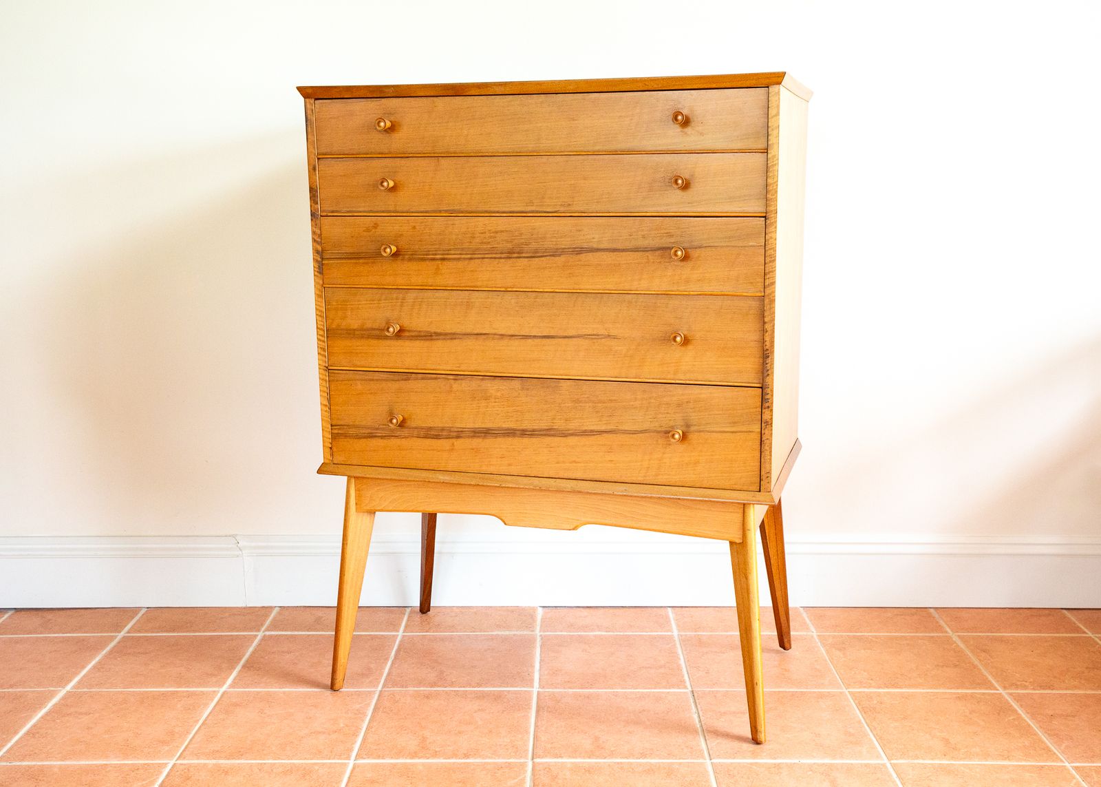 photo vintage Blonde Mid Century Chest Of Drawers Tallboy Highboy Walnut By Alfred Cox For Heals 1960s Mcm English Satin Stamped