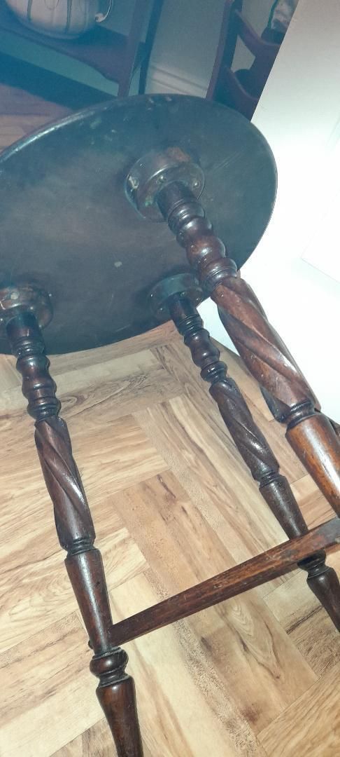 Antique Dark Wood 2 Tier Round Chip Carved Cricket Side Lamp Table Turned Legs photo Furniture