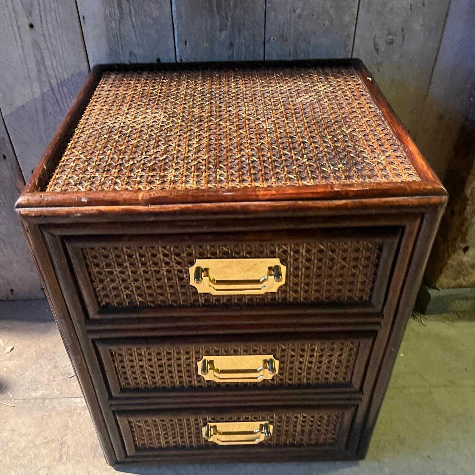 A Dark Cane Covered Bedside Cabinet With 3 Drawers And Brass Handles photo furniture