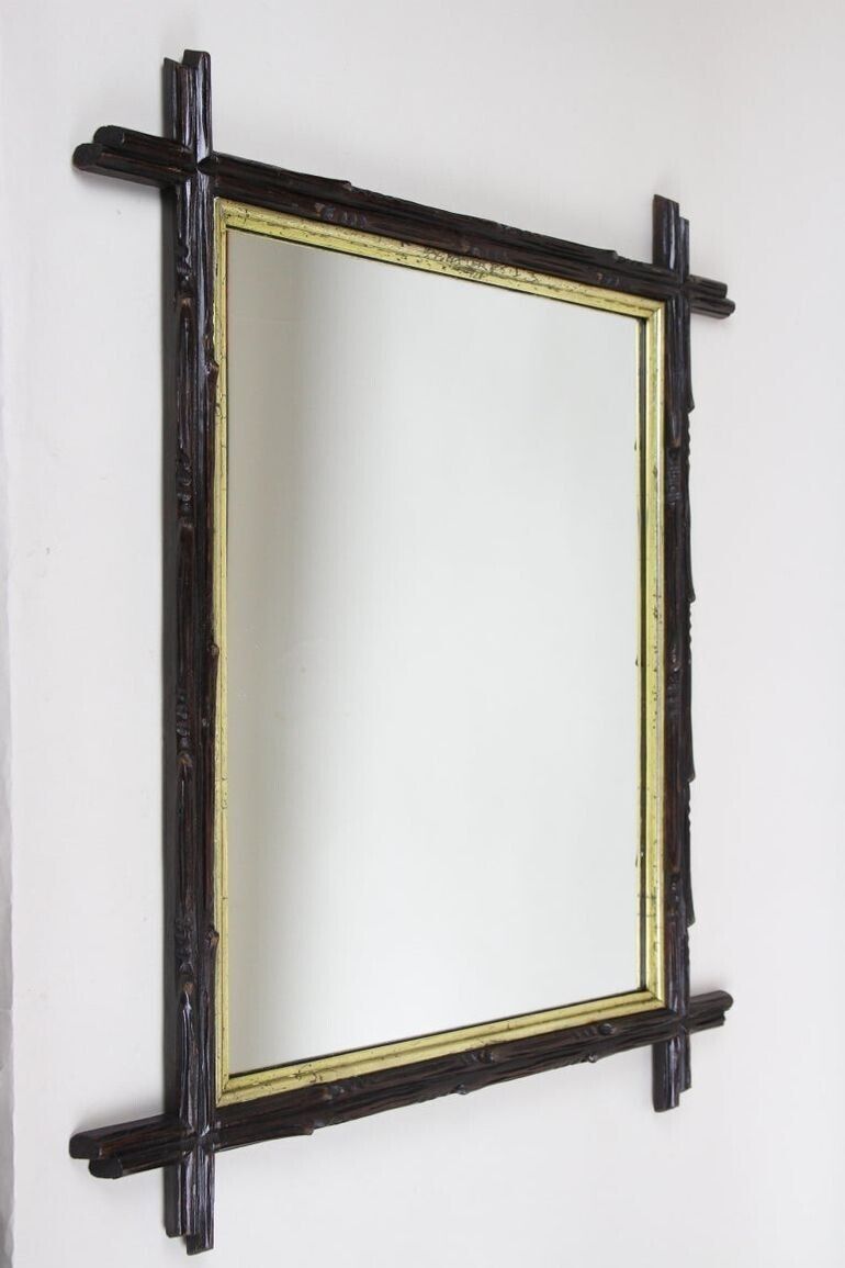 19th Century Black Forest Rustic Mirror, Gilt Bars   Hand Carved, At Ca. 1880 photo furniture
