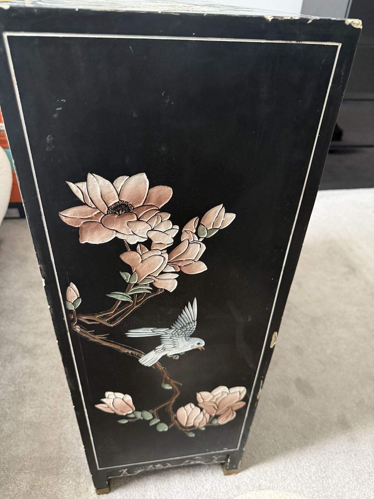 Vintage Japanese Style Hand Painted Lacquer Cabinet With Brass Fittings photo for sale