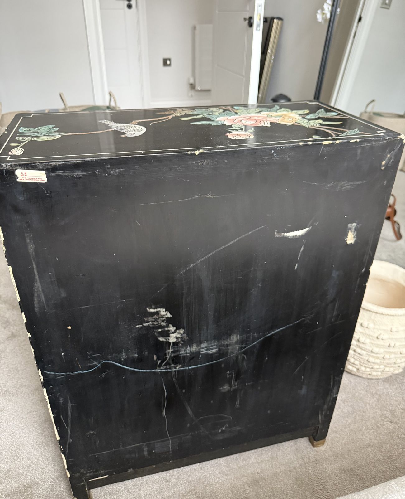 Vintage Japanese Style Hand Painted Lacquer Cabinet With Brass Fittings photo buy