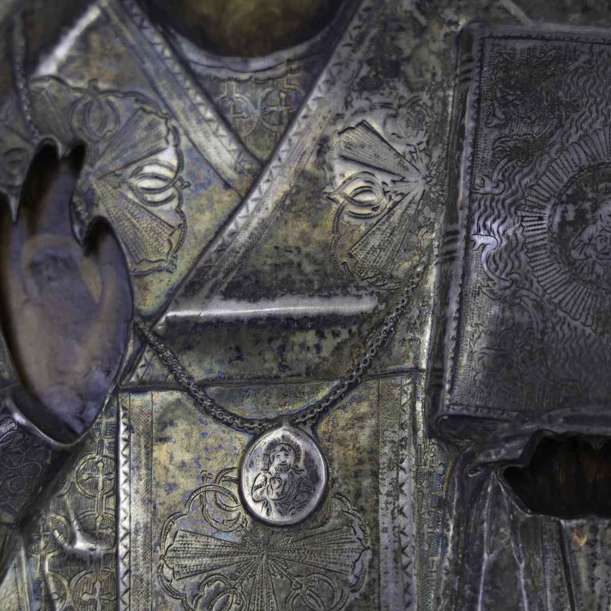 Wooden And Silver Icon, St. Nicholas, 1865, Nizhny Novgorod. photo vinterior