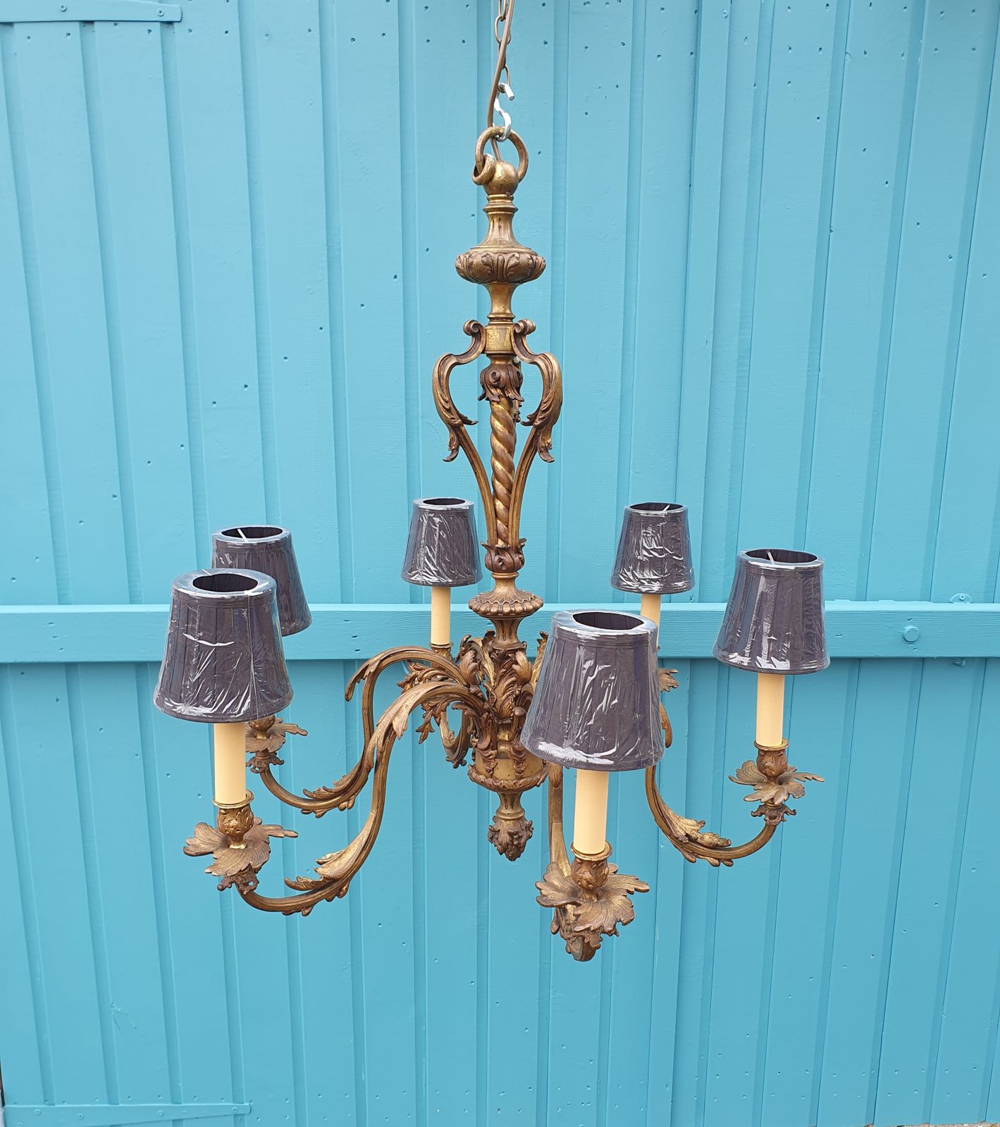 6 Arm Large Brass Chandelier French 30" photo for sale