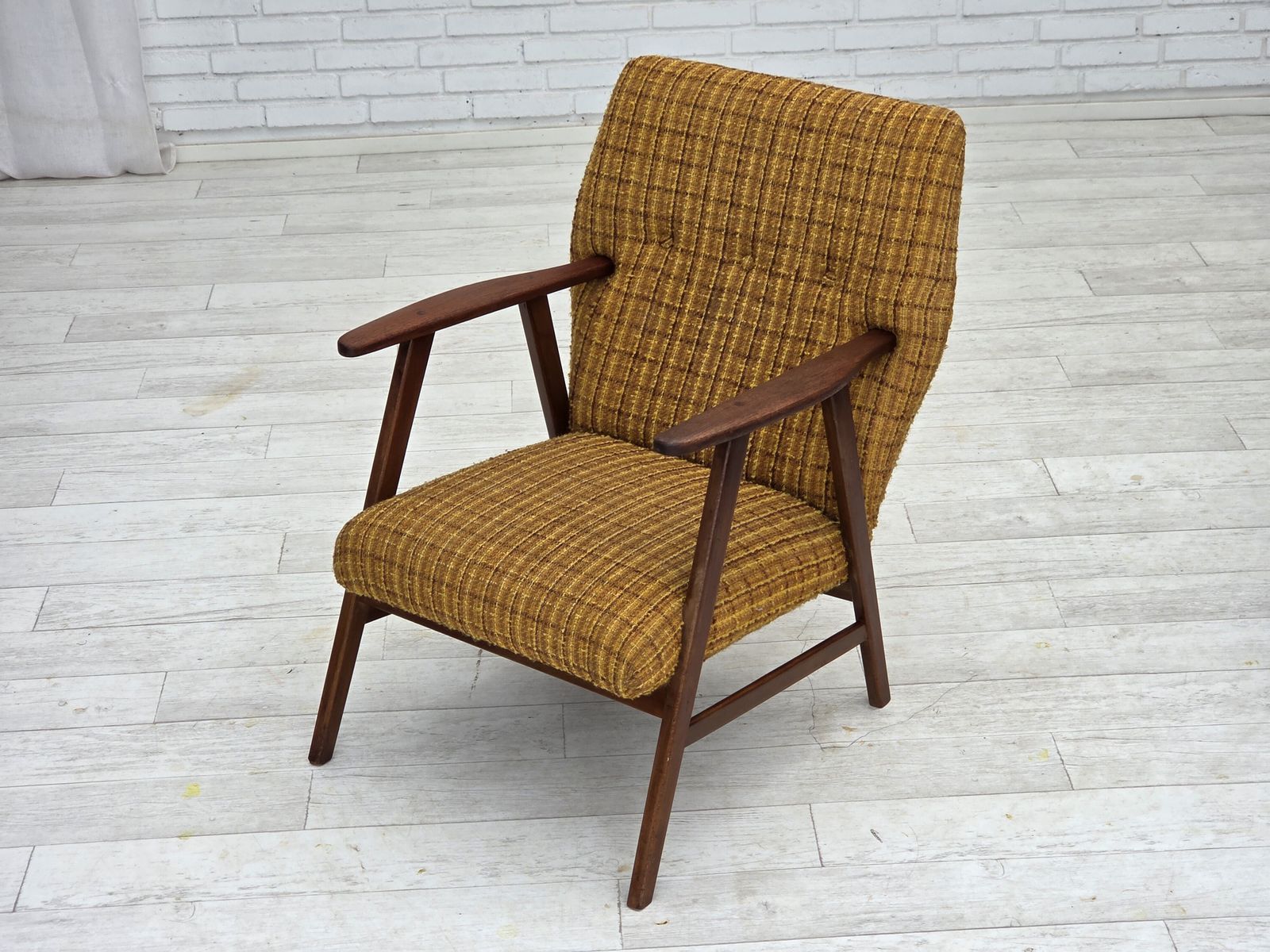 1960s, Danish Armchair, Furniture Wool Fabric, Teak Wood, Oak Wood. photo vintage