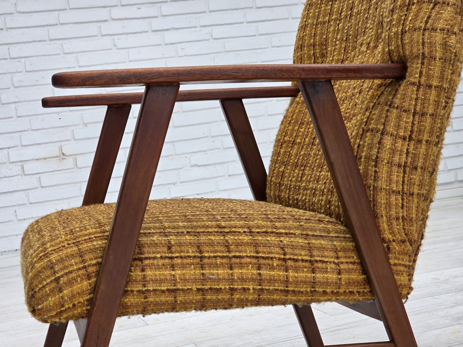 Furniture 1960s, Danish Armchair, Furniture Wool Fabric, Teak Wood, Oak Wood. photo
