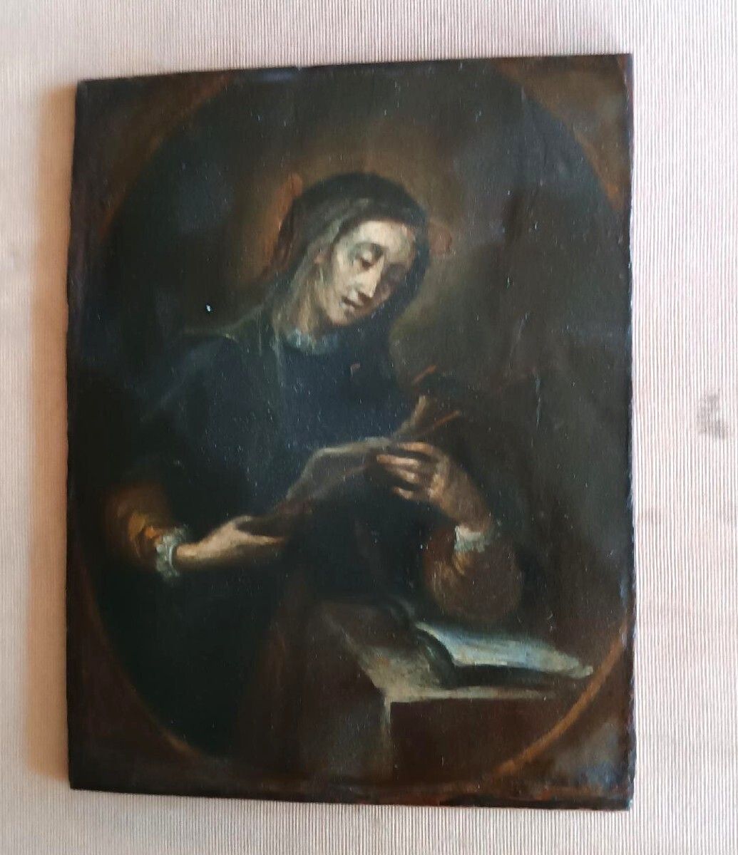 Antique Small Painting On Wood Depicting A Saint Carrying A Crucifix   Italian School, 15th Century