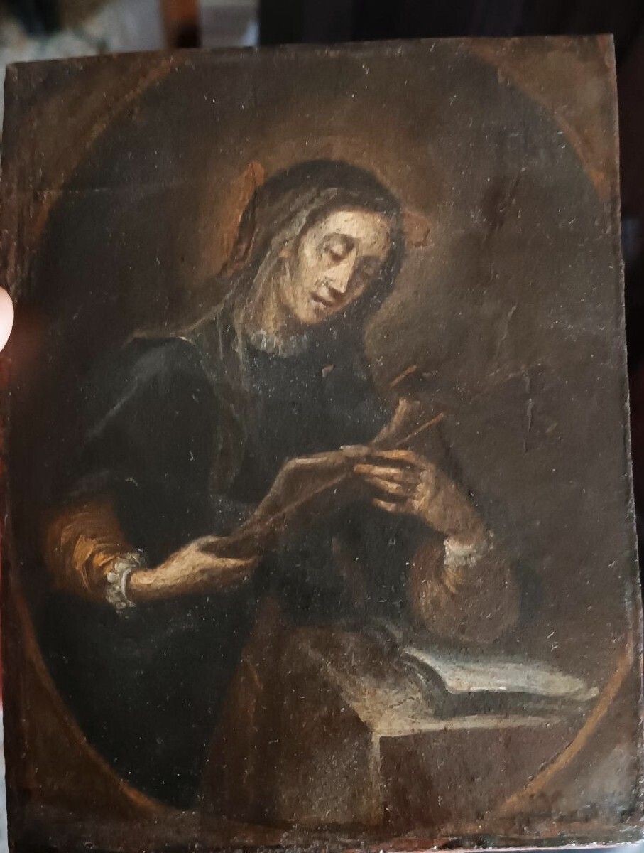 Antique Small Painting On Wood Depicting A Saint Carrying A Crucifix   Italian School, 15th Century photo for sale
