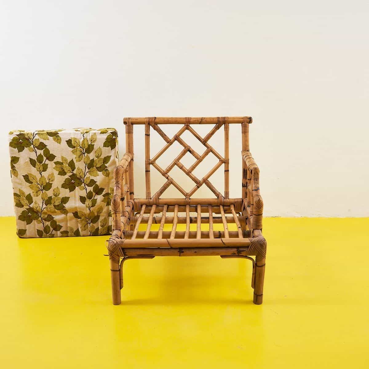 Vintage Rattan Armchair With Floral Cushions