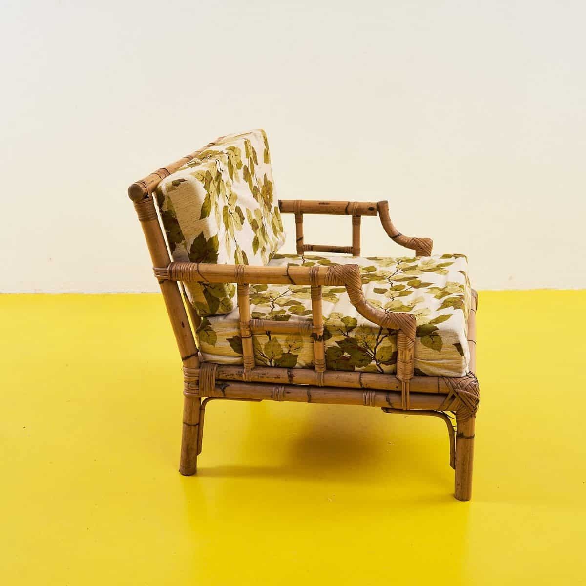 Vintage Rattan Armchair With Floral Cushions photo for sale