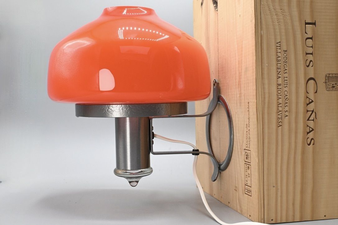 Midcentury Metal With Orange Glass Mushroom Style Wall Lamp By öjg Sweden, 1970s photo Lighting