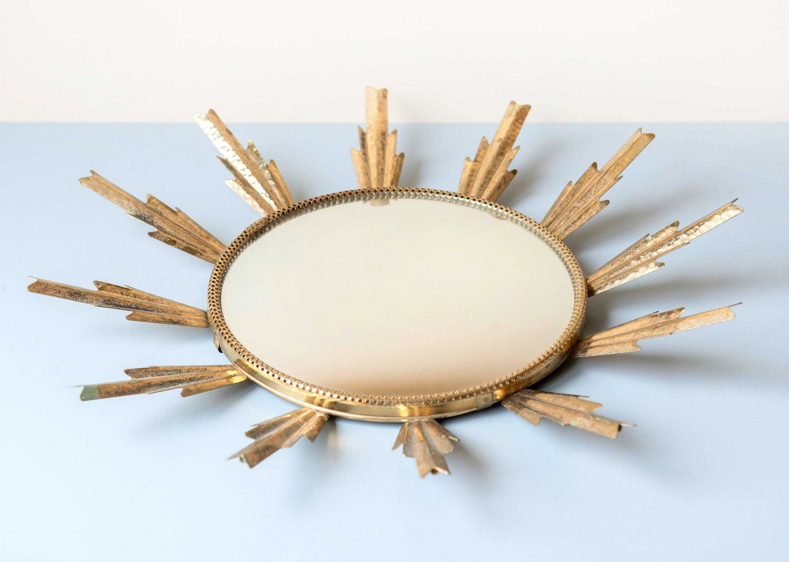 photo for sale Vintage Sunburst Convex Wall Mirror – 1950s English Golden Bullseye Circle Mirror – Mid Century Retro Decorative Mirror