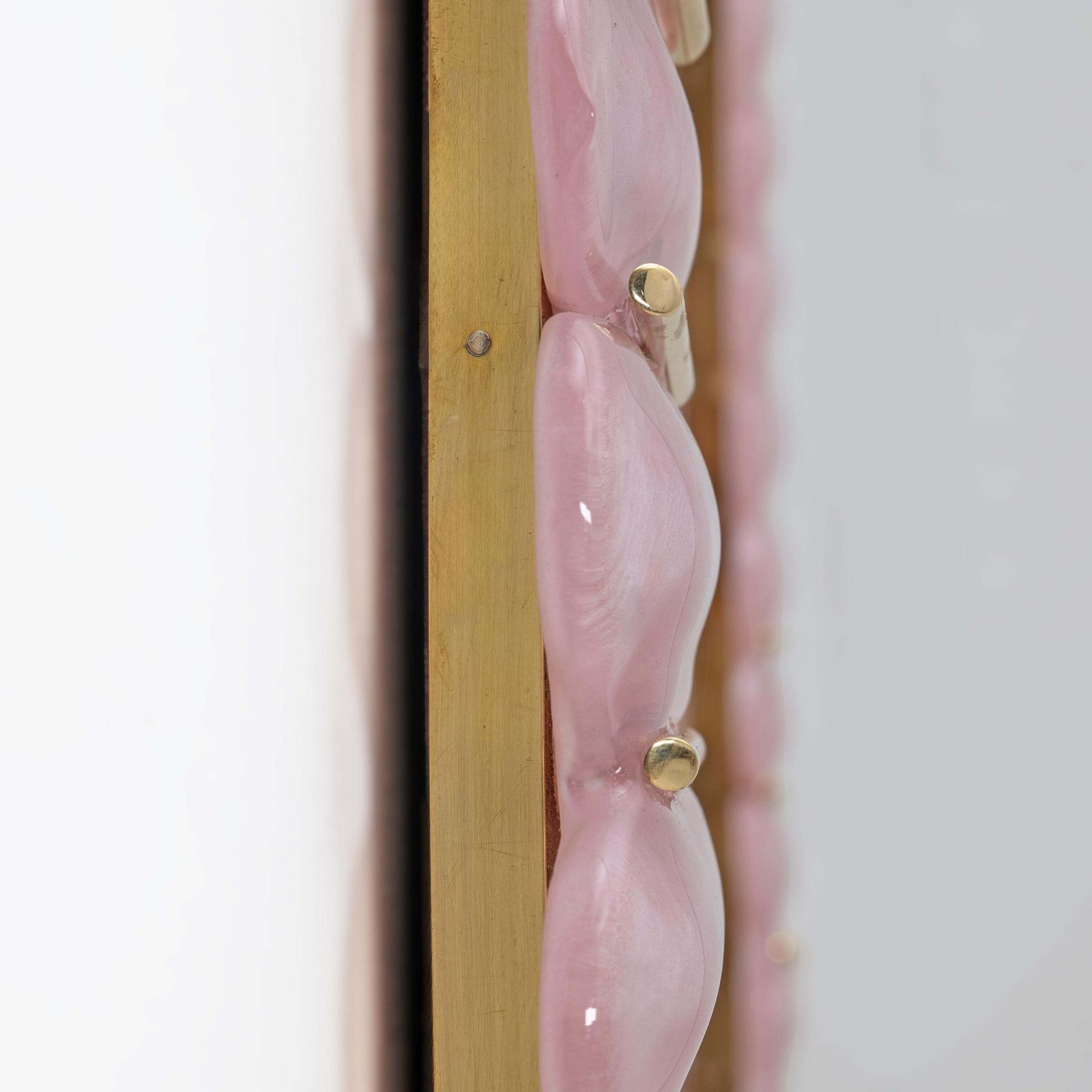 Home Decor Mid Century Modern Italian Oval Mirror In Brass And Pink Murano Blown Glass photo