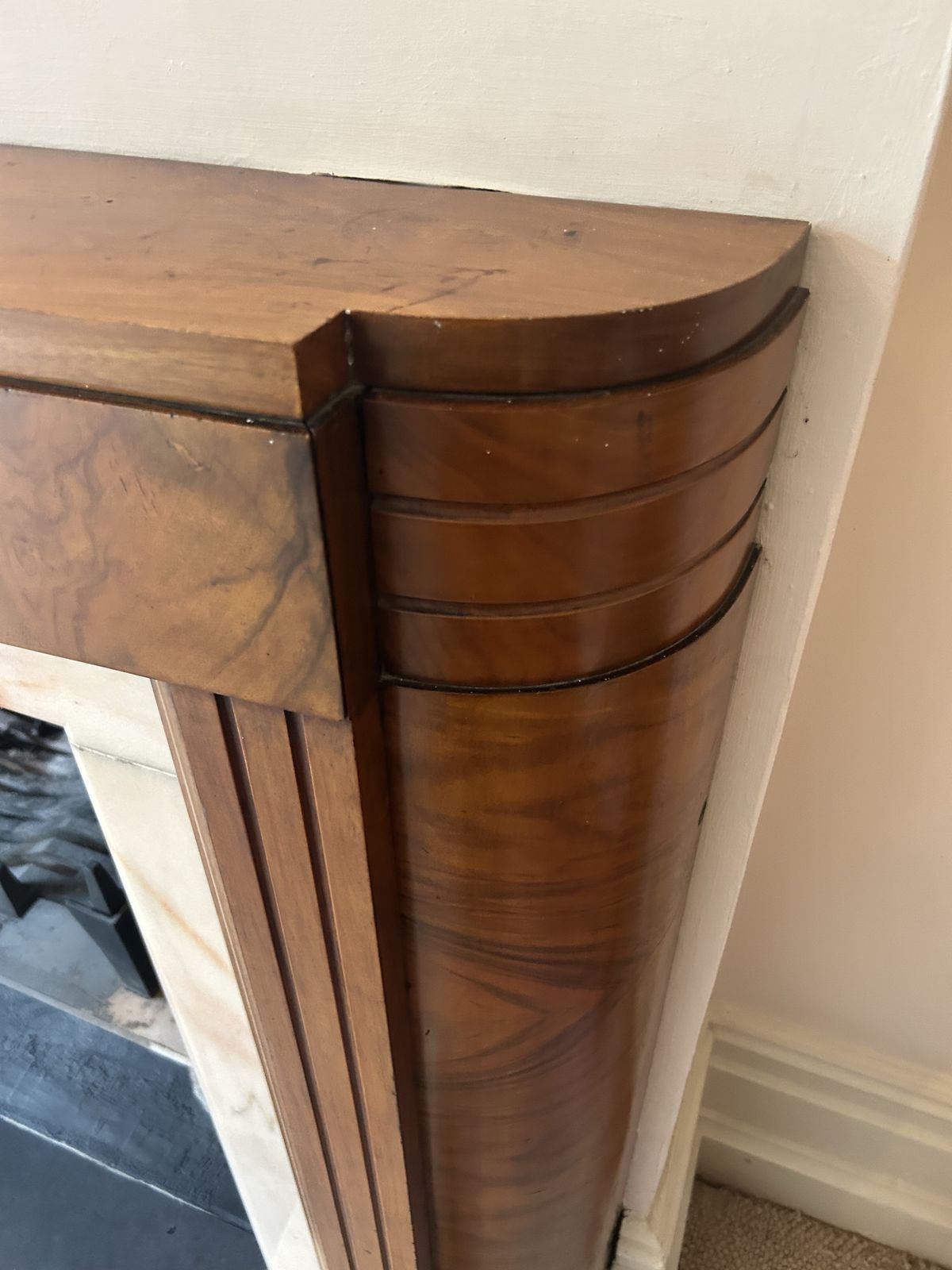Art Deco Walnut Fire Surround With Pink Marble Hearth And Inset photo for sale